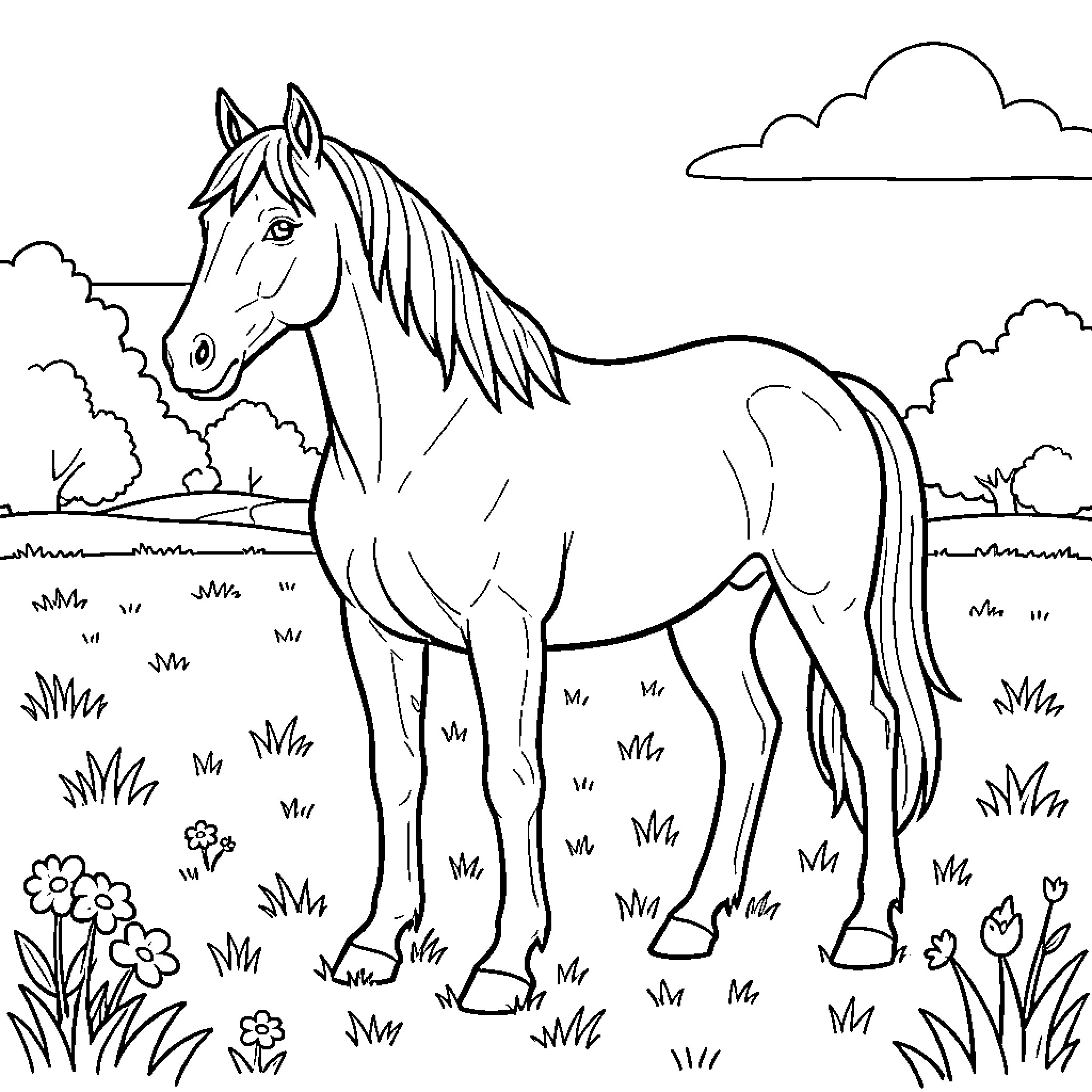 Horse grazing in a meadow with flowers Coloring Page (free black-and-white line drawing printable PDF for all, from beginners to advanced learners, including children, teens, adults, and seniors)