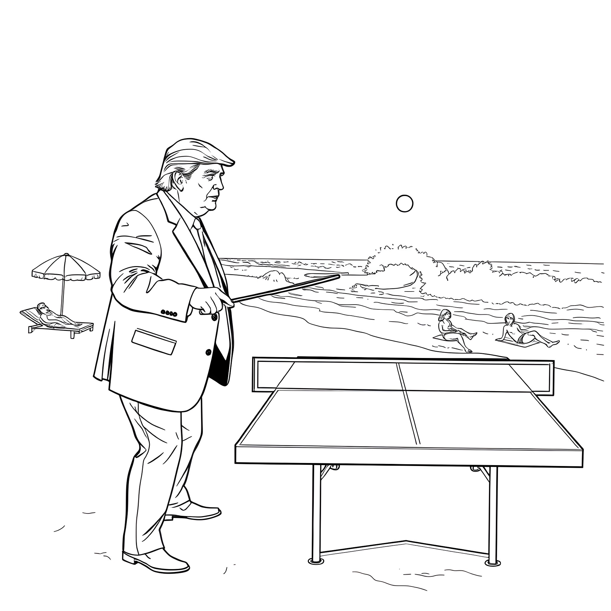 Trump playing table tennis on the beach Coloring Page (free black-and-white line drawing printable PDF for all, from beginners to advanced learners, including children, teens, adults, and seniors)