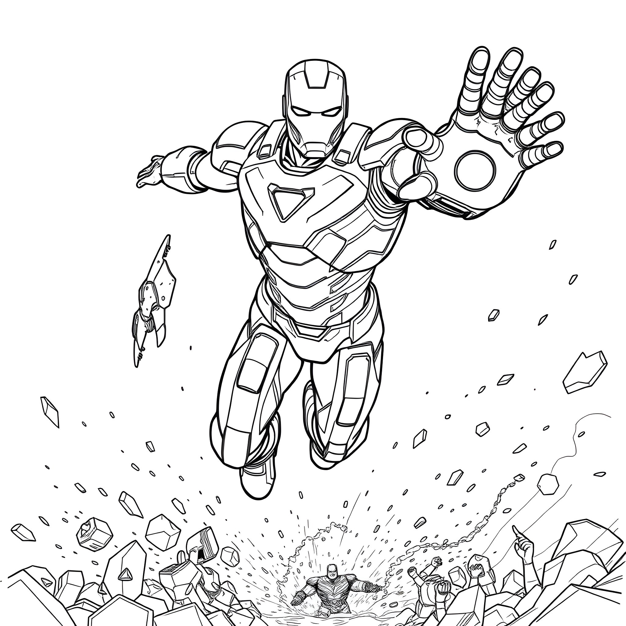 Ironman in action, blasting through obstacles with determination Coloring Page (free black-and-white line drawing printable PDF for all, from beginners to advanced learners, including children, teens, adults, and seniors)