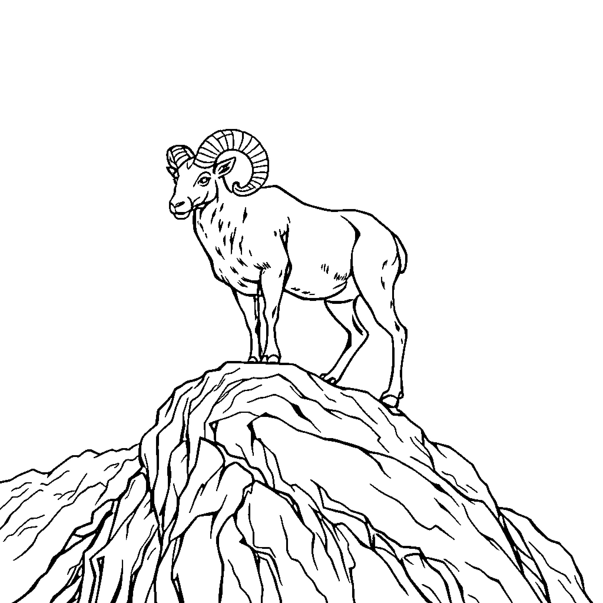 Ram standing atop a rugged mountain Coloring Page (free black-and-white line drawing printable PDF for all, from beginners to advanced learners, including children, teens, adults, and seniors)