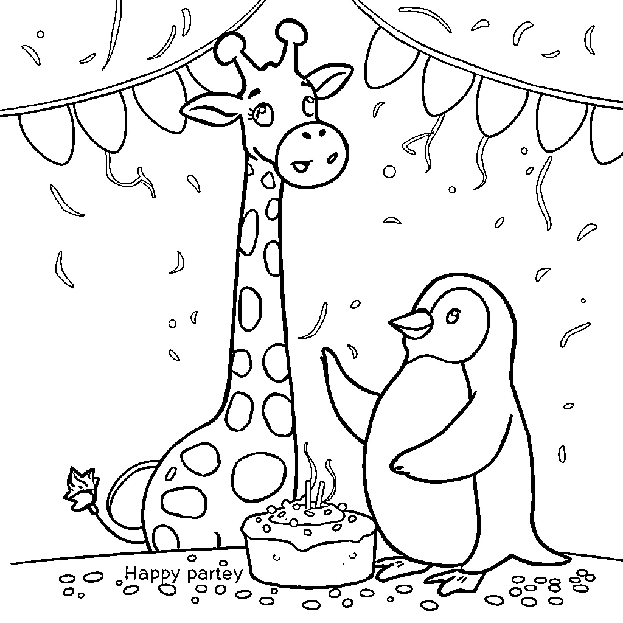Giraffe and Penguin Celebrating Birthday Party Coloring Page (free black-and-white line drawing printable PDF for all, from beginners to advanced learners, including children, teens, adults, and seniors)