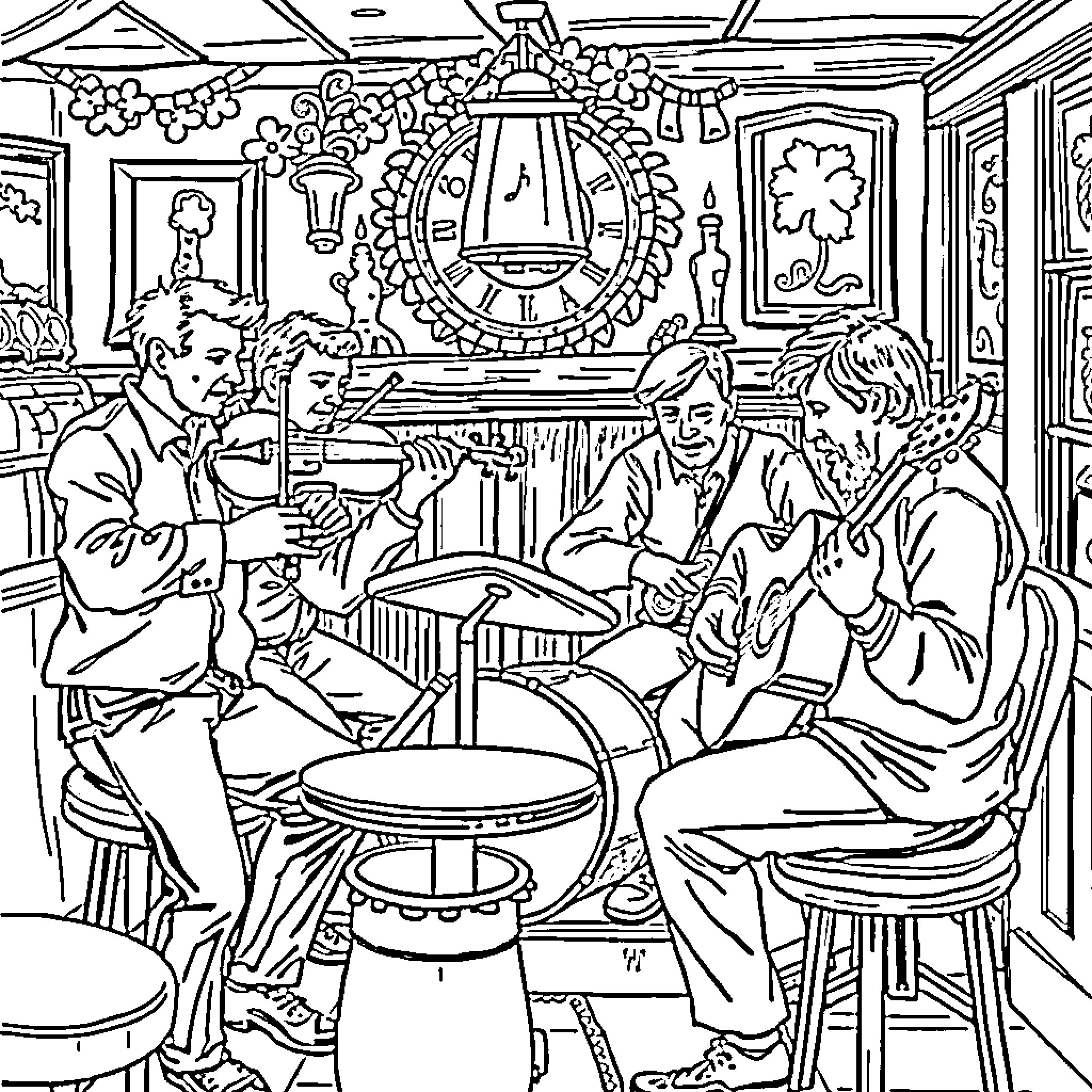 Irish Music - Traditional Musicians Performing in a Pub Coloring Page (free black-and-white line drawing printable PDF for all, from beginners to advanced learners, including children, teens, adults, and seniors)