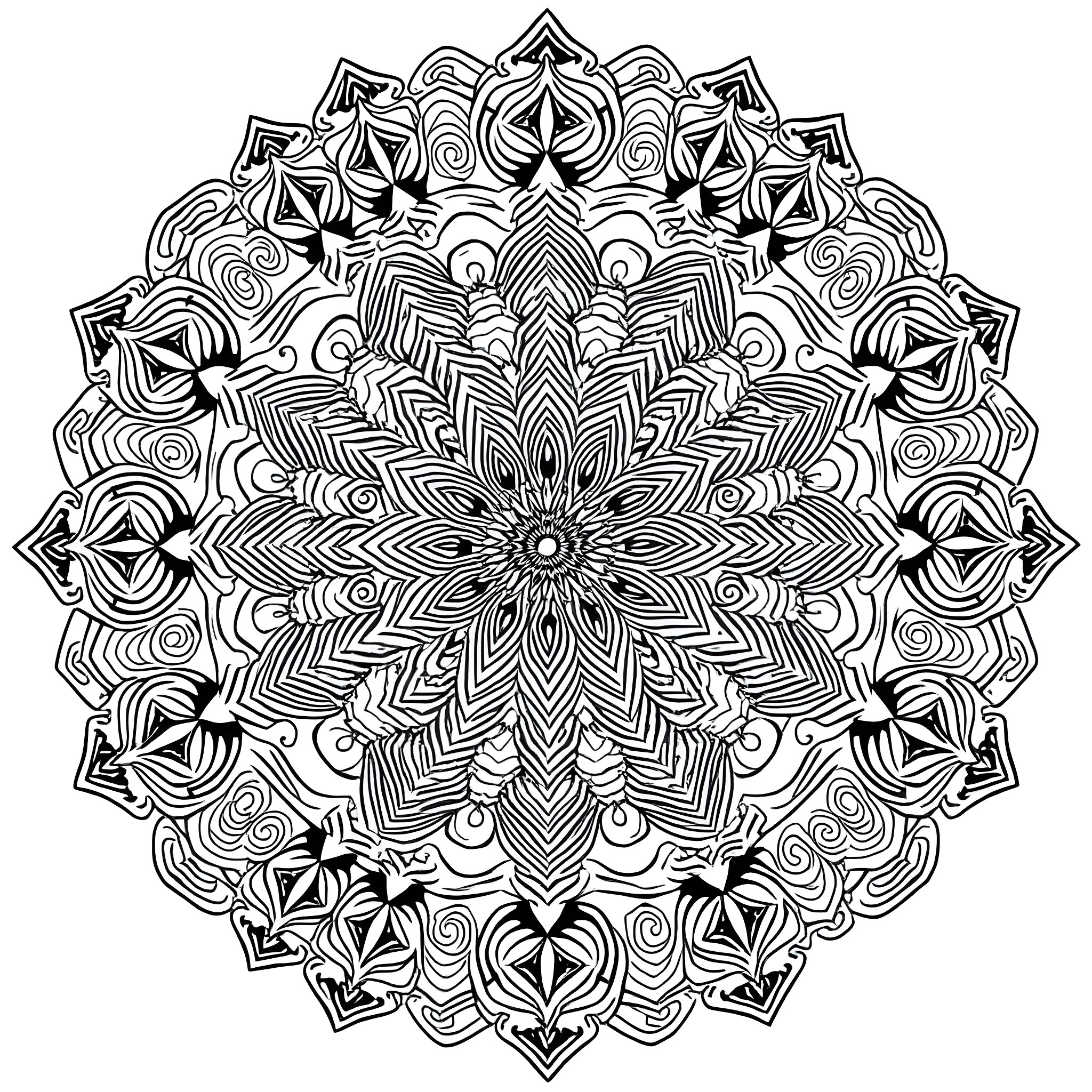 Mandala with intricate floral and geometric patterns Coloring Page (free black-and-white line drawing printable PDF for all, from beginners to advanced learners, including children, teens, adults, and seniors)