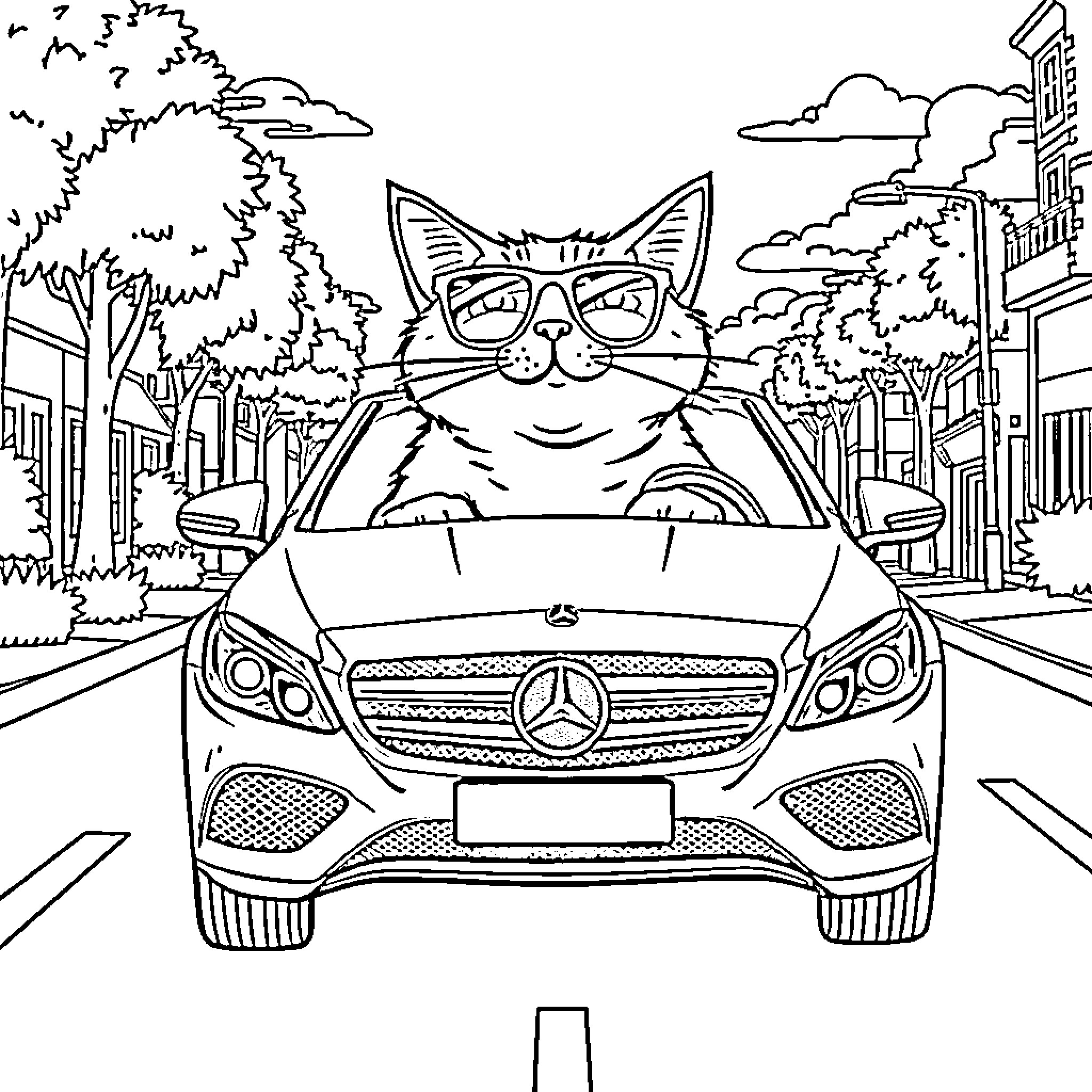 Cat driving fancy car in city street Coloring Page (free black-and-white line drawing printable PDF for all, from beginners to advanced learners, including children, teens, adults, and seniors)