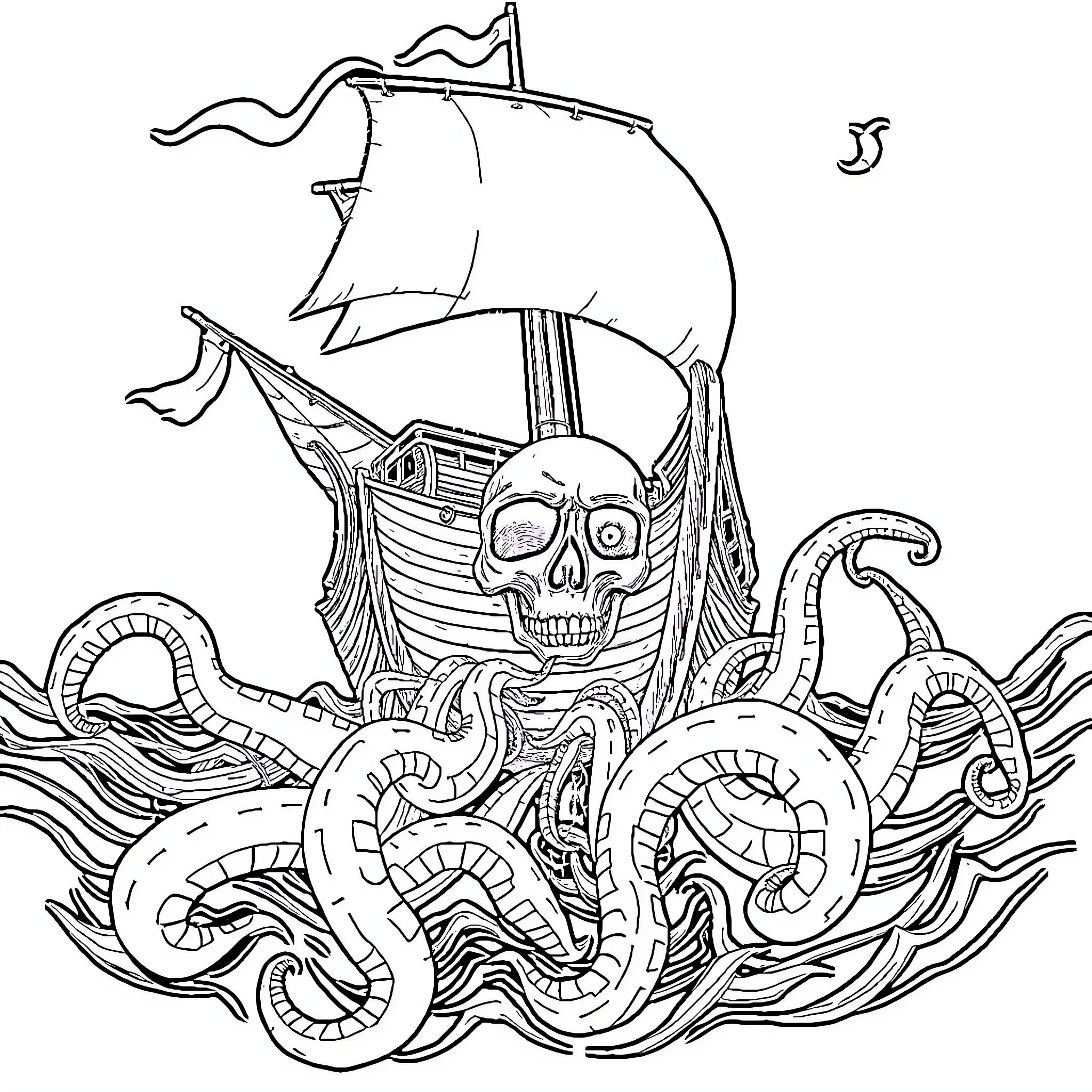 Ghost Pirate Ship Sailing Through Tentacled Waves Coloring Page (free black-and-white line drawing printable PDF for all, from beginners to advanced learners, including children, teens, adults, and seniors)