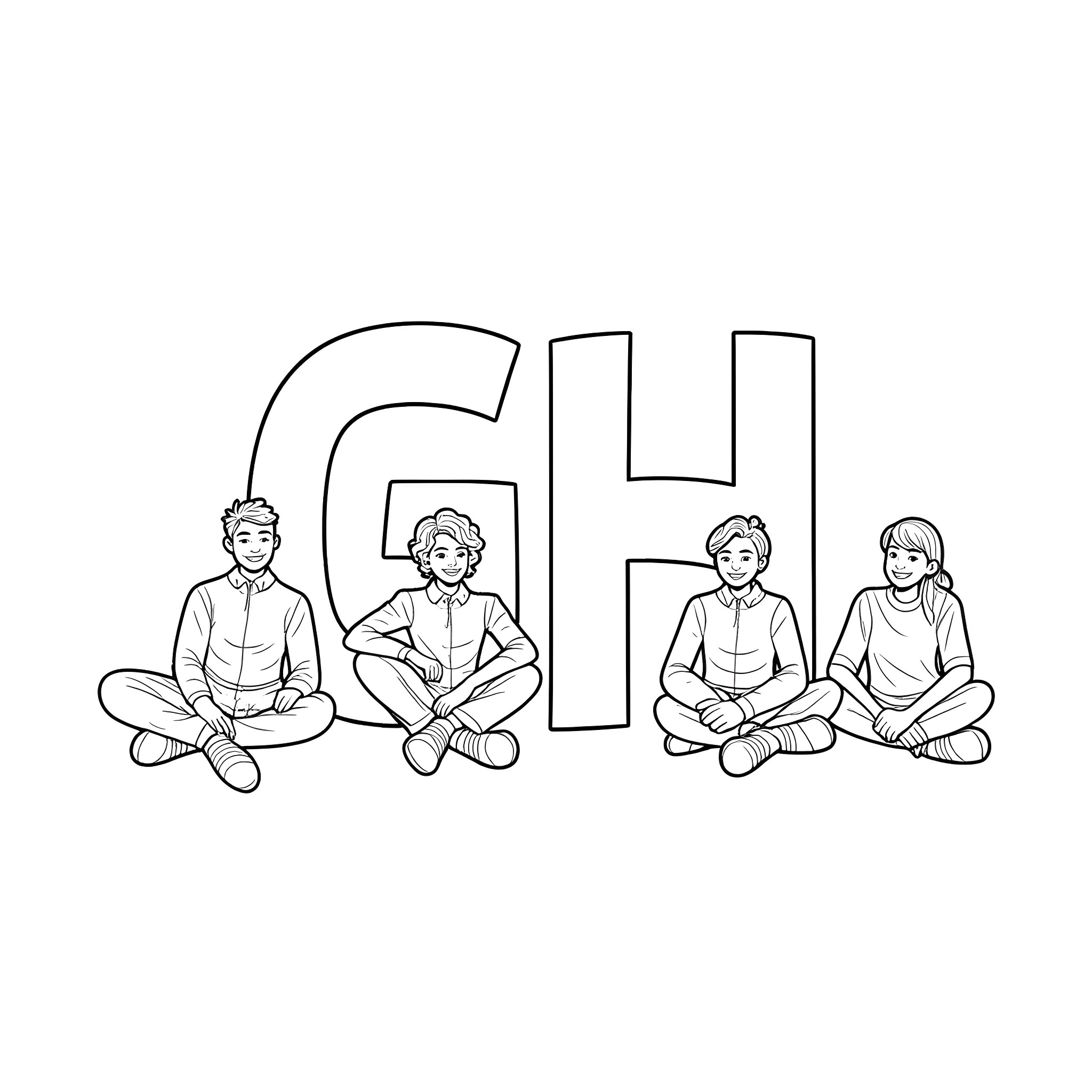 Adult friends sitting together in a circle Coloring Page (free black-and-white line drawing printable PDF for all, from beginners to advanced learners, including children, teens, adults, and seniors)