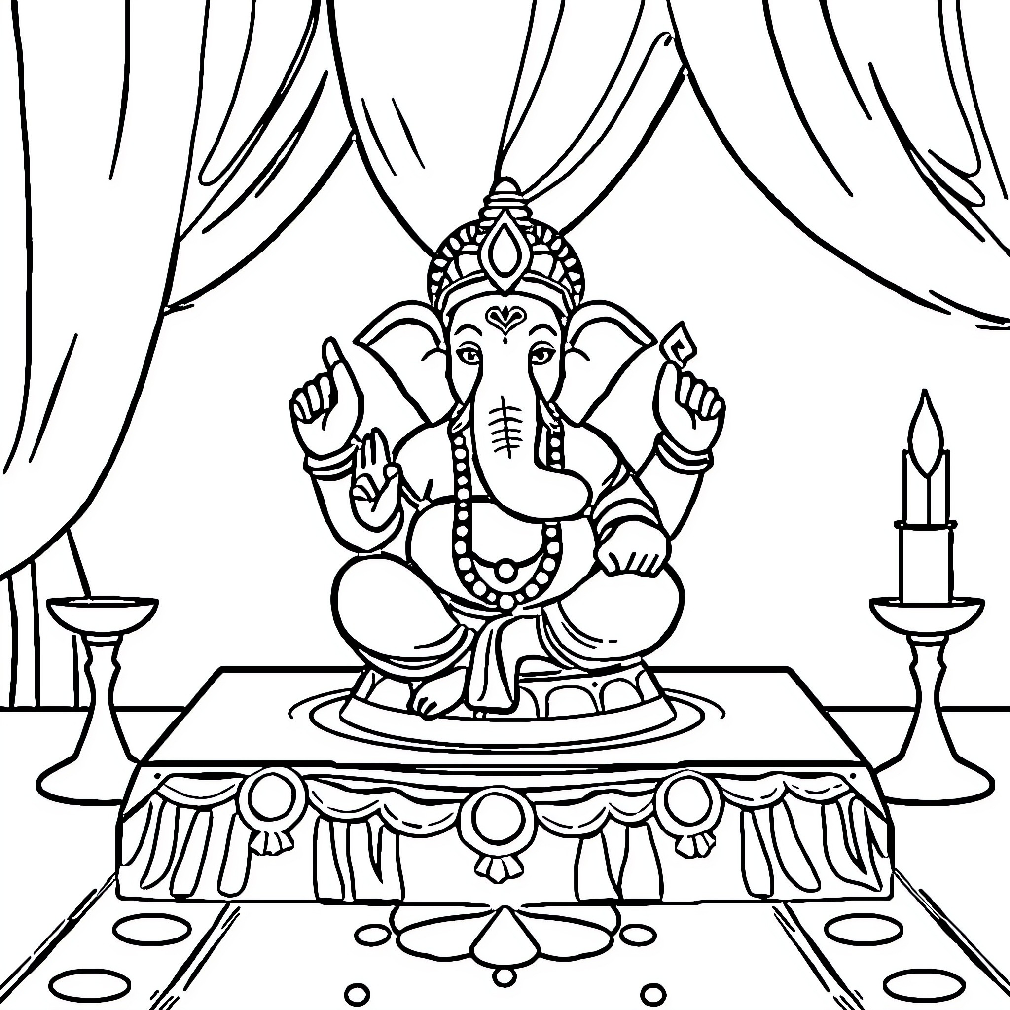 Ganpati Blessing the Devotees with Ornate Celebration Coloring Page (free black-and-white line drawing printable PDF for all, from beginners to advanced learners, including children, teens, adults, and seniors)