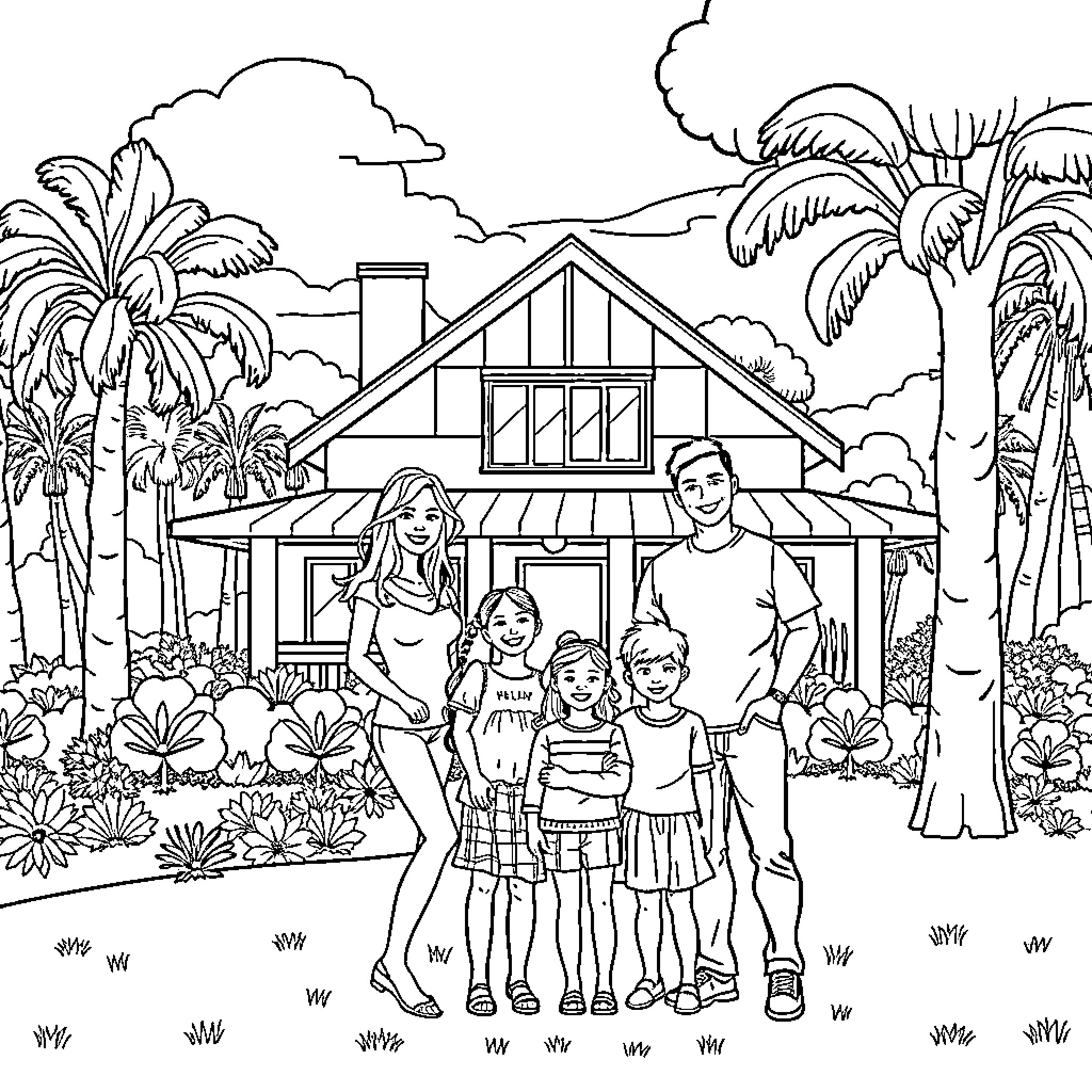 Family Enjoying a Tropical Getaway Coloring Page (free black-and-white line drawing printable PDF for all, from beginners to advanced learners, including children, teens, adults, and seniors)
