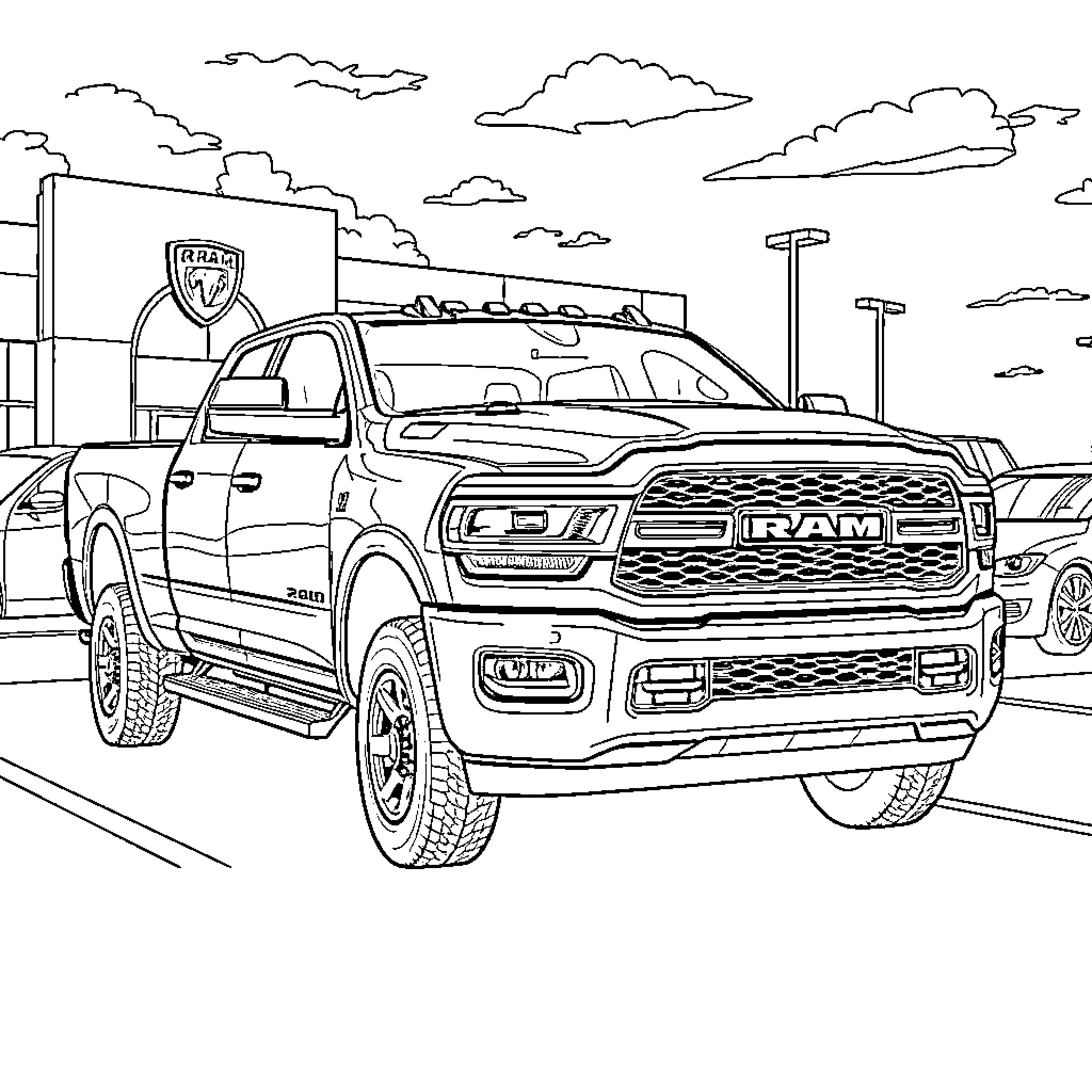Ram truck parked in front of gas station Coloring Page (free black-and-white line drawing printable PDF for all, from beginners to advanced learners, including children, teens, adults, and seniors)