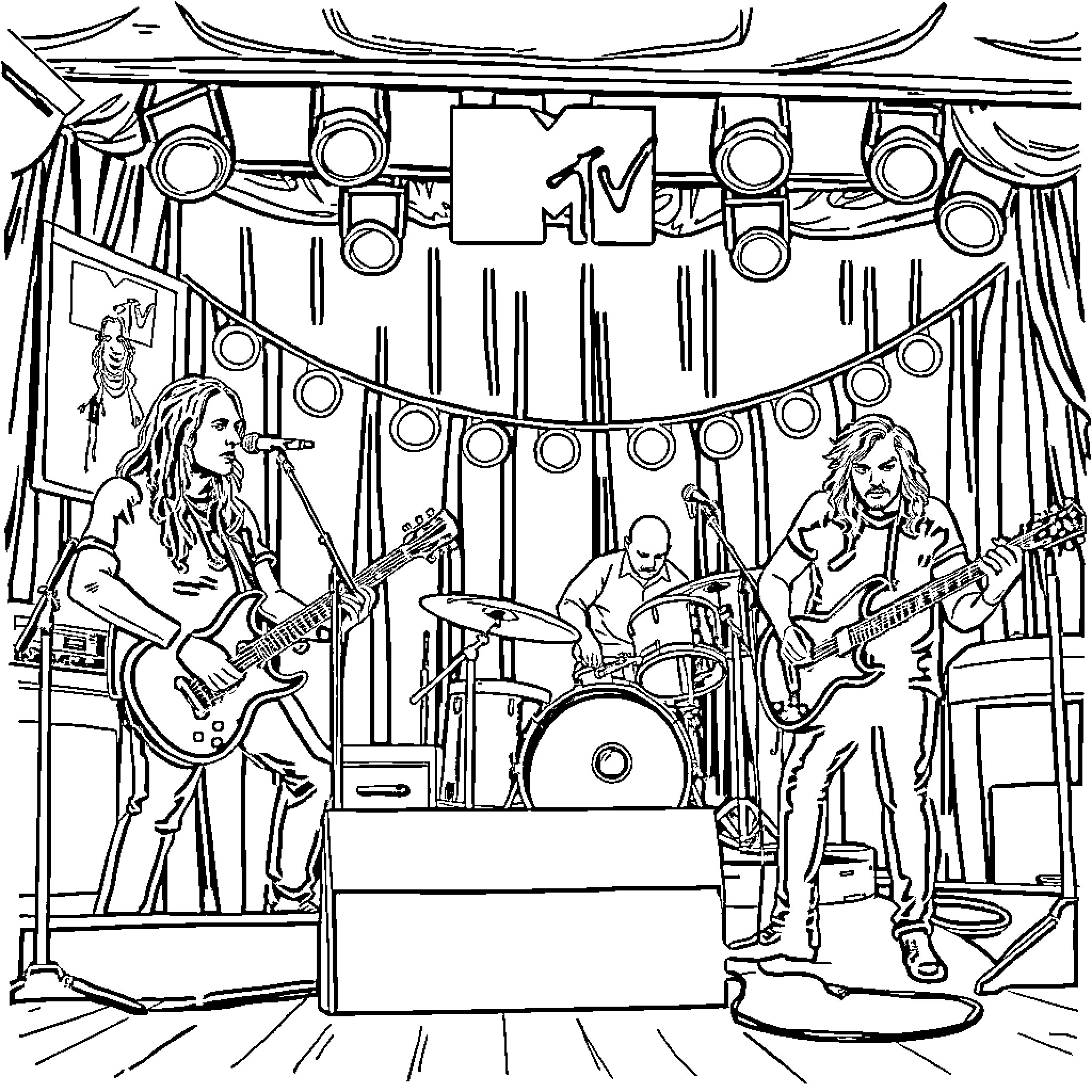 Alice In Chains Performing on Stage with Instruments Coloring Page (free black-and-white line drawing printable PDF for all, from beginners to advanced learners, including children, teens, adults, and seniors)