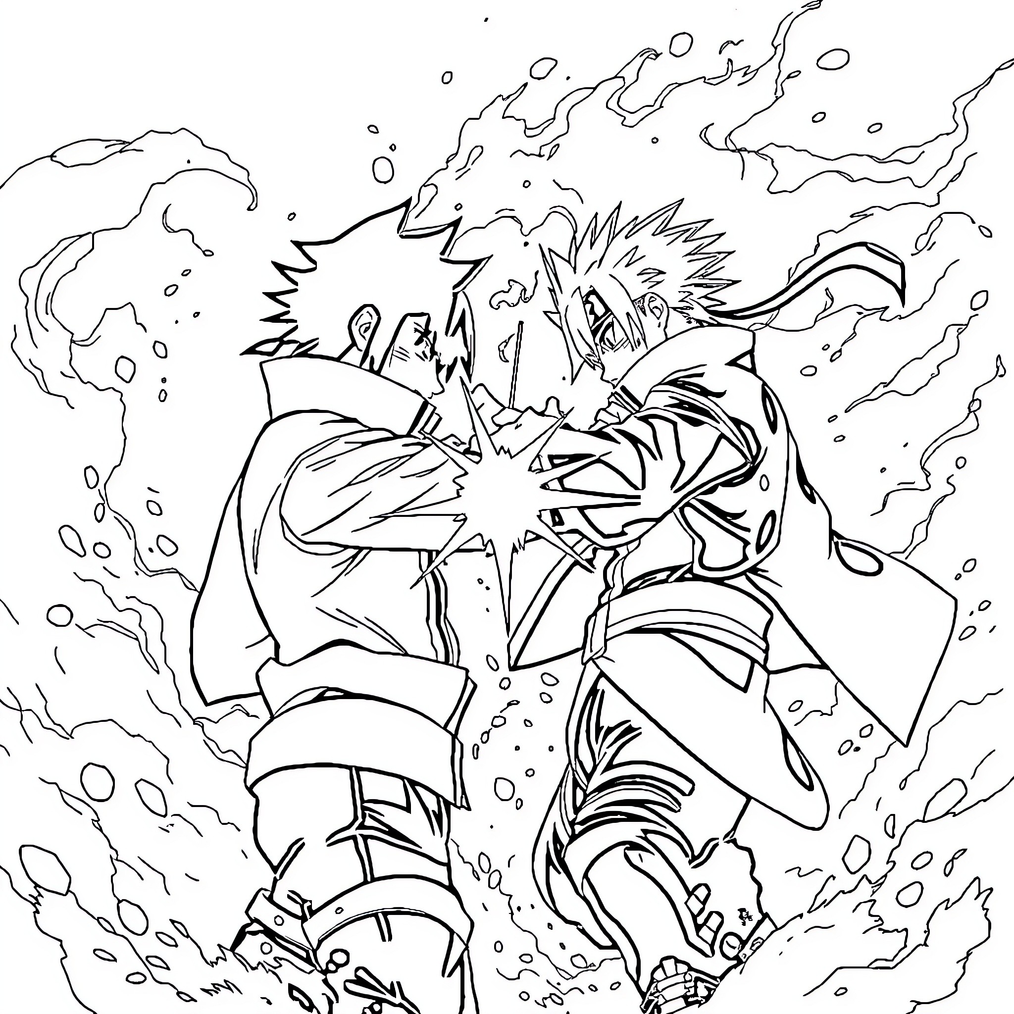 Naruto in Powerful Ninja Action Pose Coloring Page (free black-and-white line drawing printable PDF for all, from beginners to advanced learners, including children, teens, adults, and seniors)