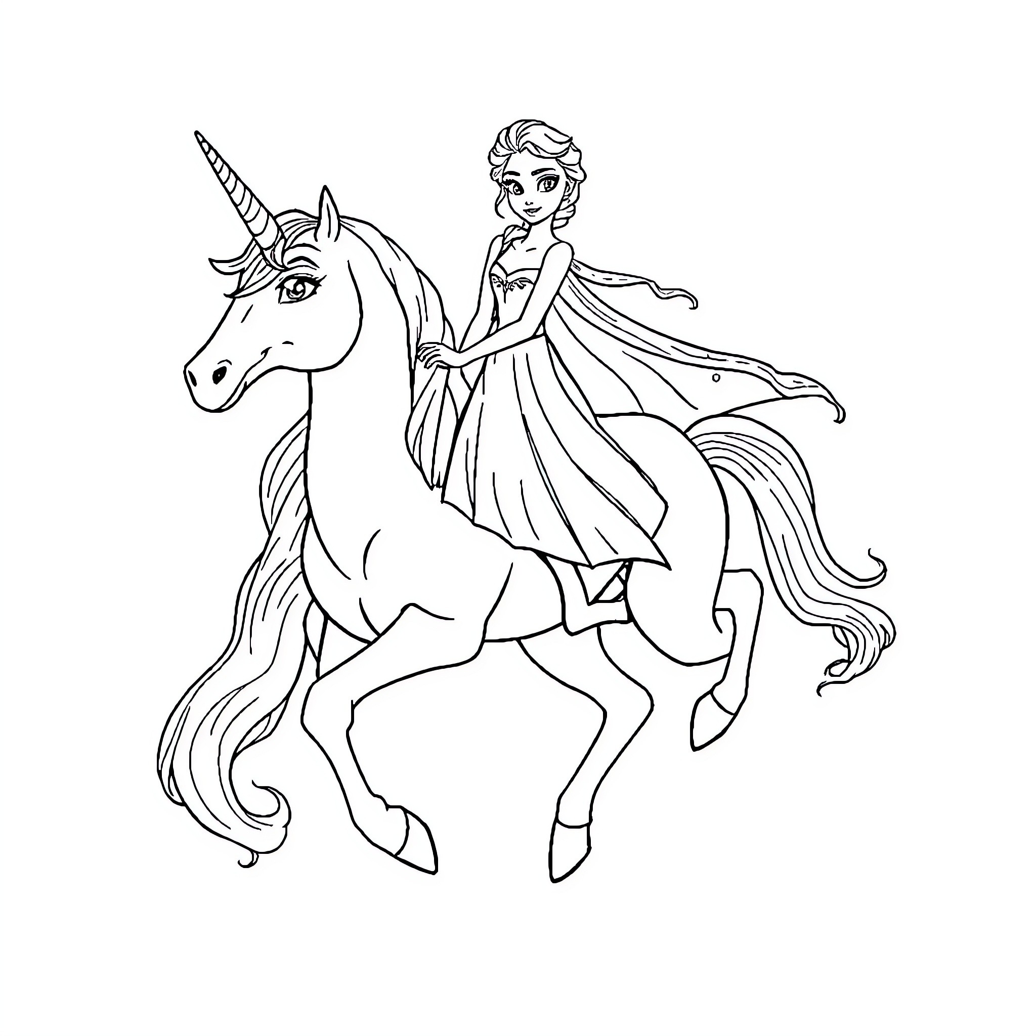 Elsa riding a magical unicorn in a flowing dress Coloring Page (free black-and-white line drawing printable PDF for all, from beginners to advanced learners, including children, teens, adults, and seniors)