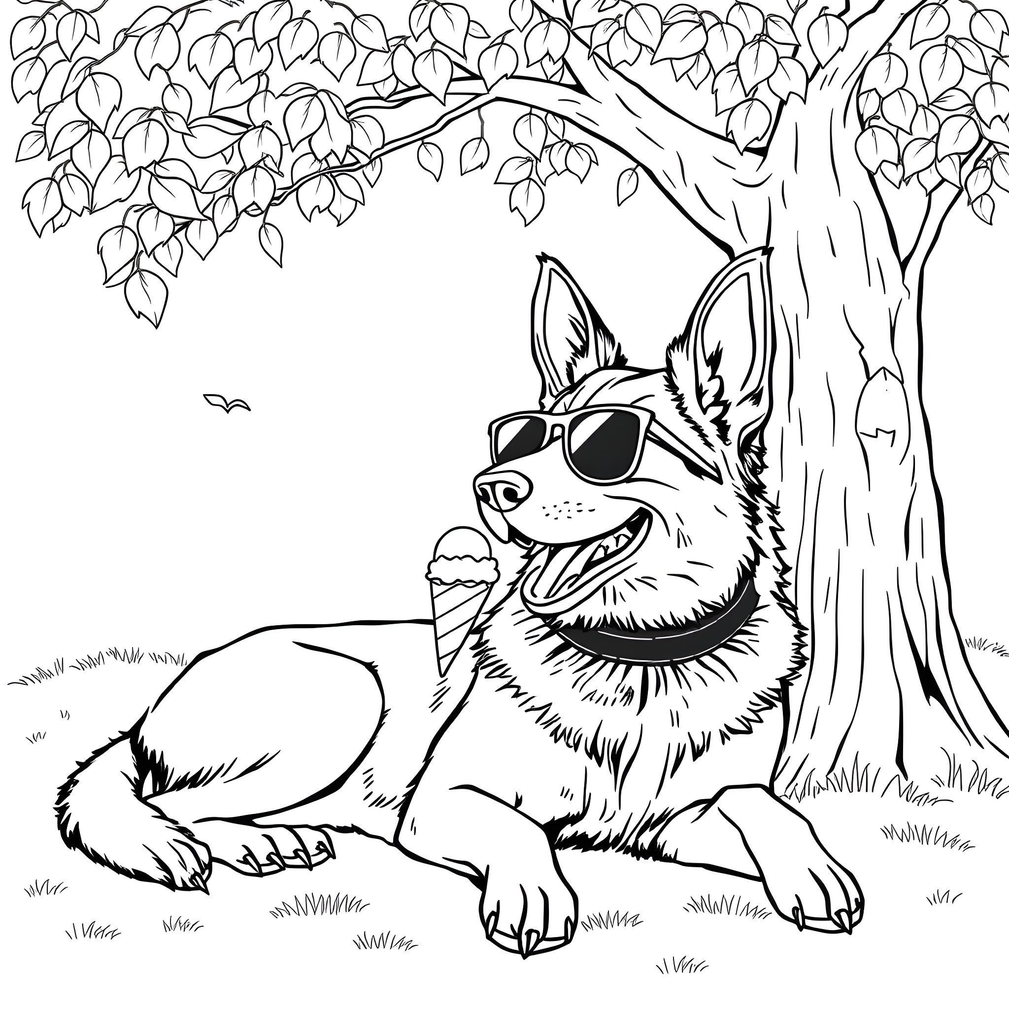 German Shepherd relaxing under a leafy tree Coloring Page (free black-and-white line drawing printable PDF for all, from beginners to advanced learners, including children, teens, adults, and seniors)
