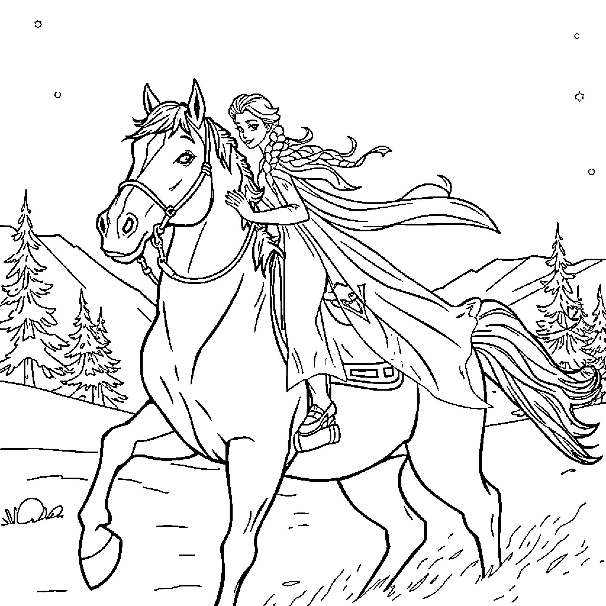 Elsa riding a majestic horse through a winter wonderland Coloring Page (free black-and-white line drawing printable PDF for all, from beginners to advanced learners, including children, teens, adults, and seniors)