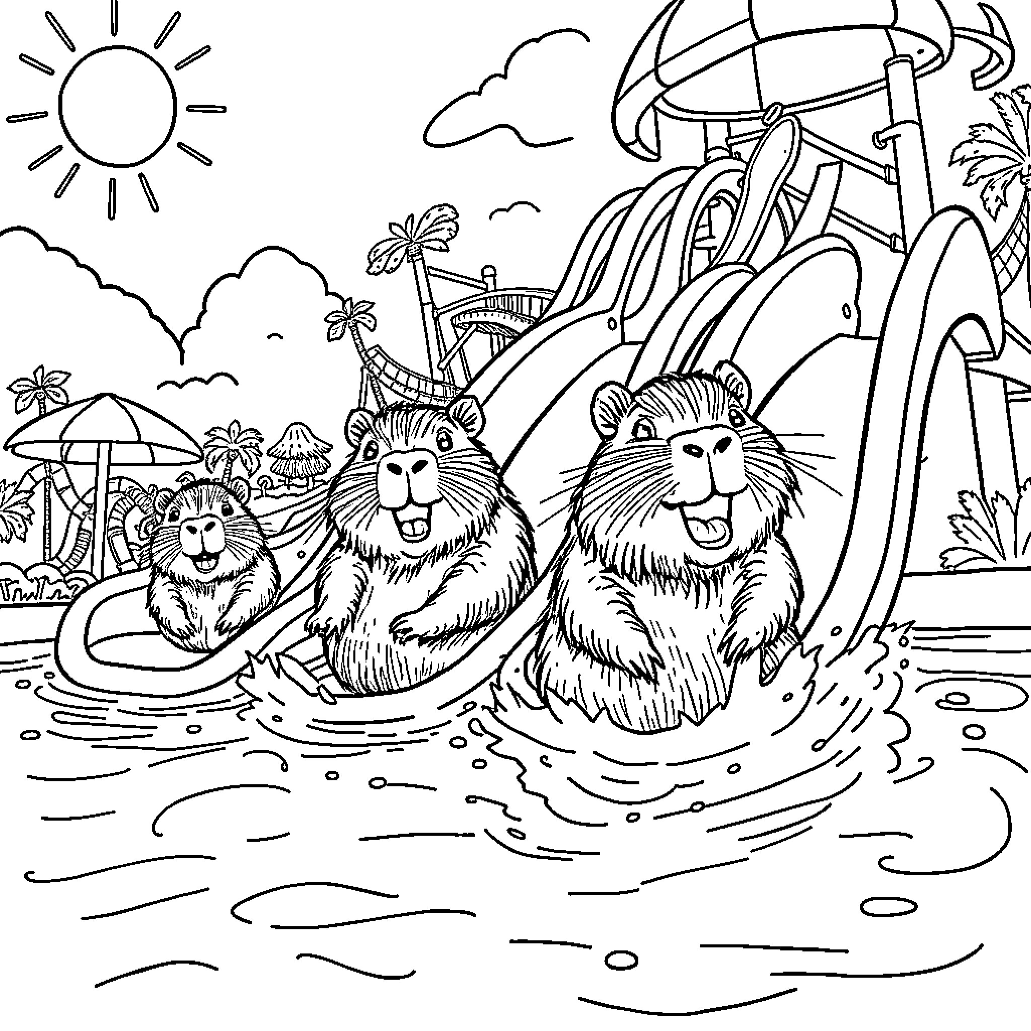 Capybara relaxing in a tropical paradise Coloring Page (free black-and-white line drawing printable PDF for all, from beginners to advanced learners, including children, teens, adults, and seniors)