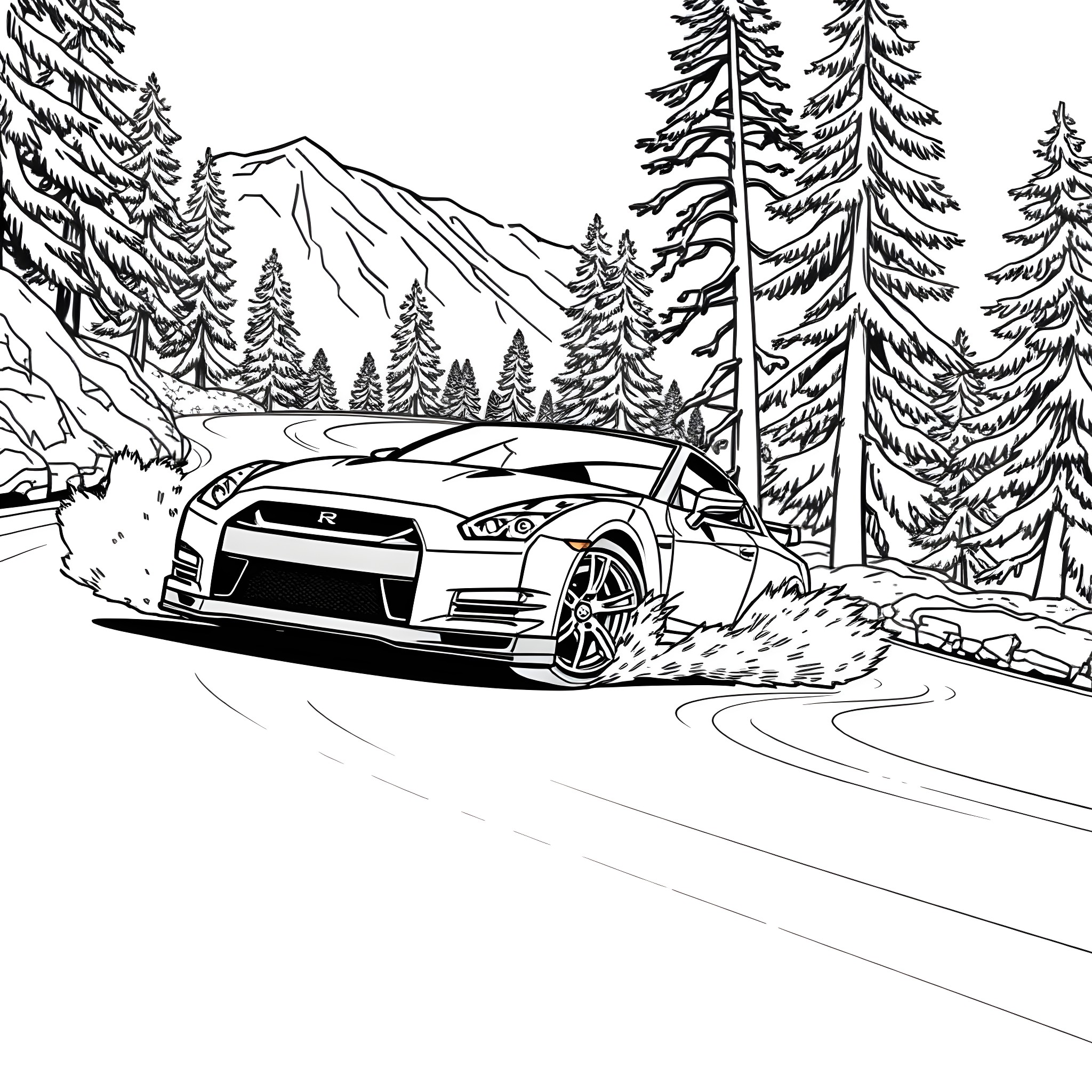 Nissan sports car driving through snowy forest landscape Coloring Page (free black-and-white line drawing printable PDF for all, from beginners to advanced learners, including children, teens, adults, and seniors)