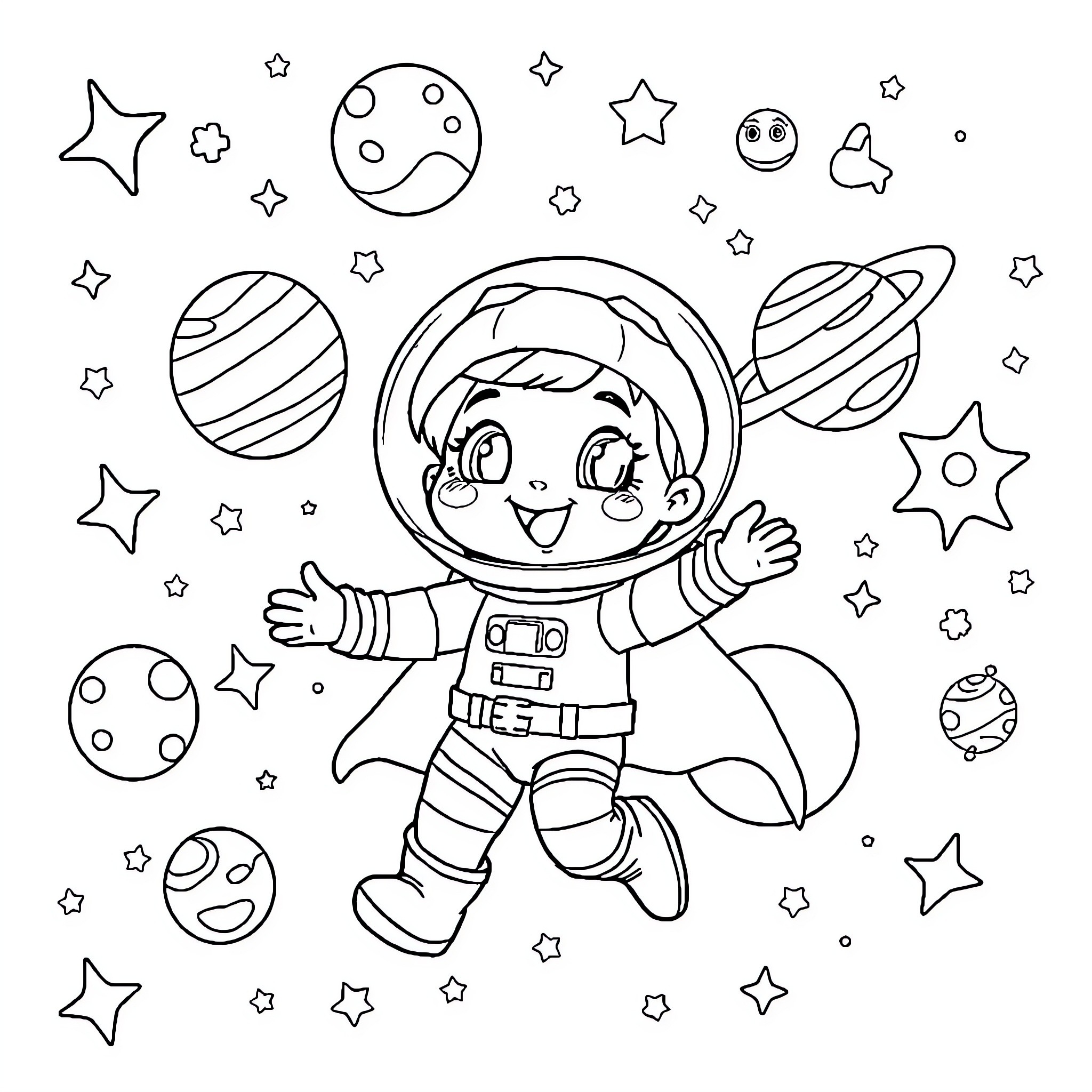 Bluey's Cosmic Adventure Coloring Page (free black-and-white line drawing printable PDF for all, from beginners to advanced learners, including children, teens, adults, and seniors)