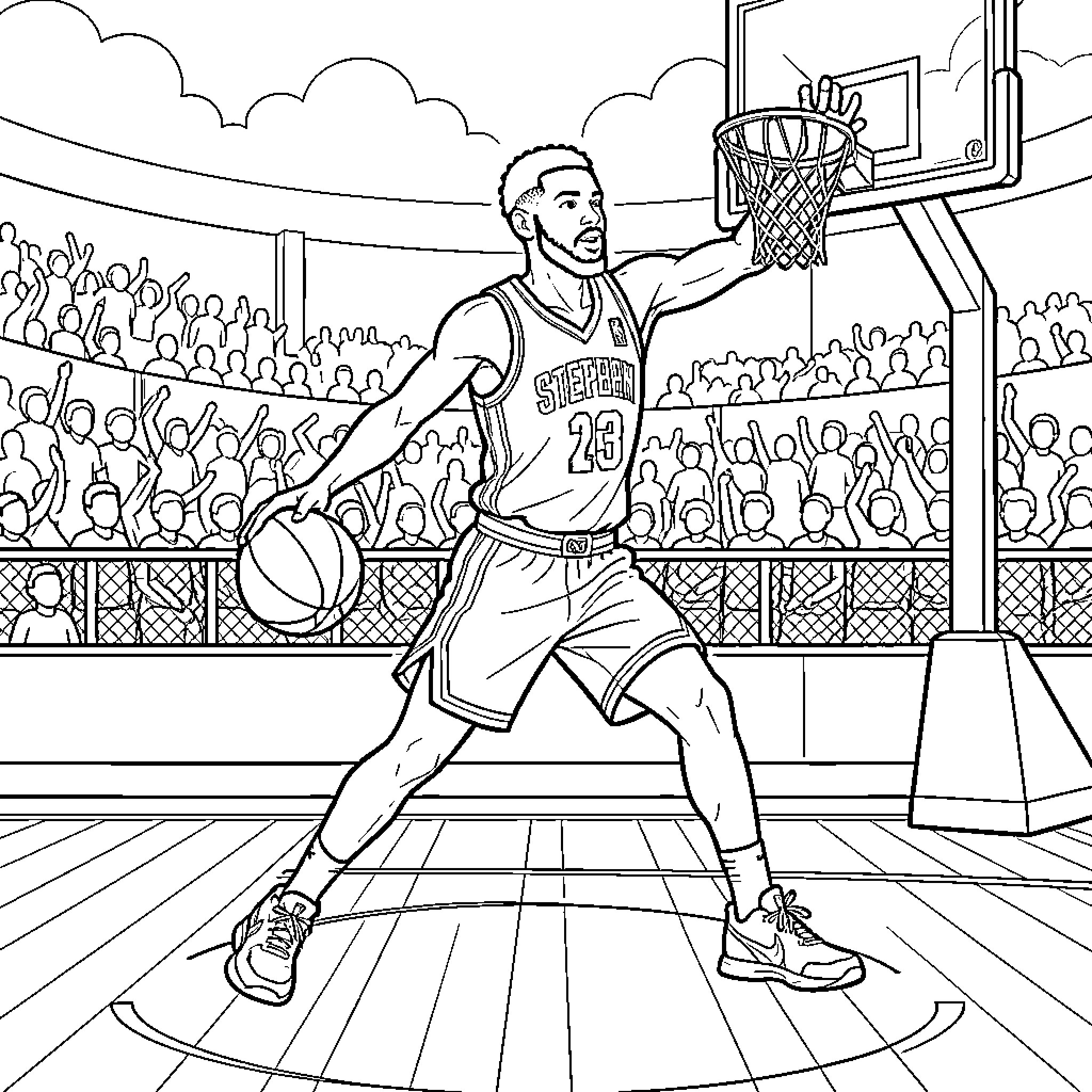 Stephen Curry dribbling a basketball during a game Coloring Page (free black-and-white line drawing printable PDF for all, from beginners to advanced learners, including children, teens, adults, and seniors)