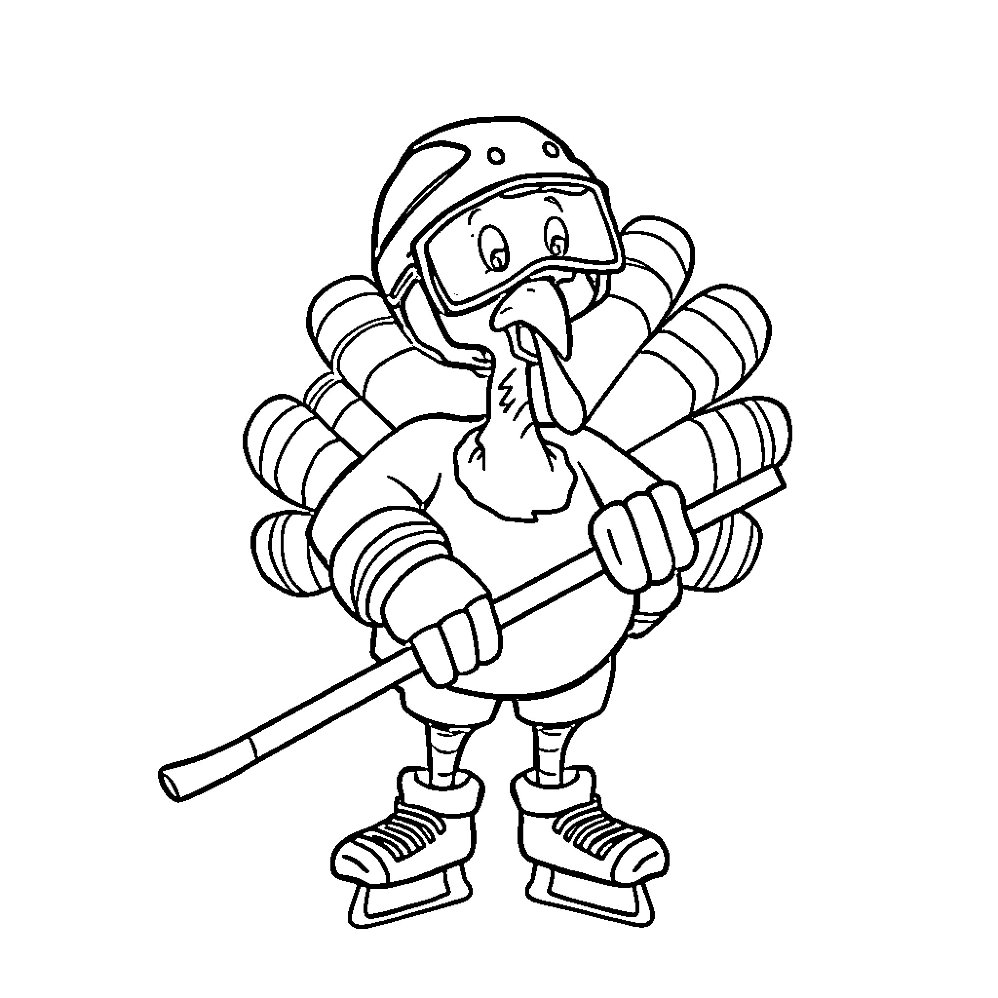 Turkey in sports gear playing with hockey stick Coloring Page (free black-and-white line drawing printable PDF for all, from beginners to advanced learners, including children, teens, adults, and seniors)