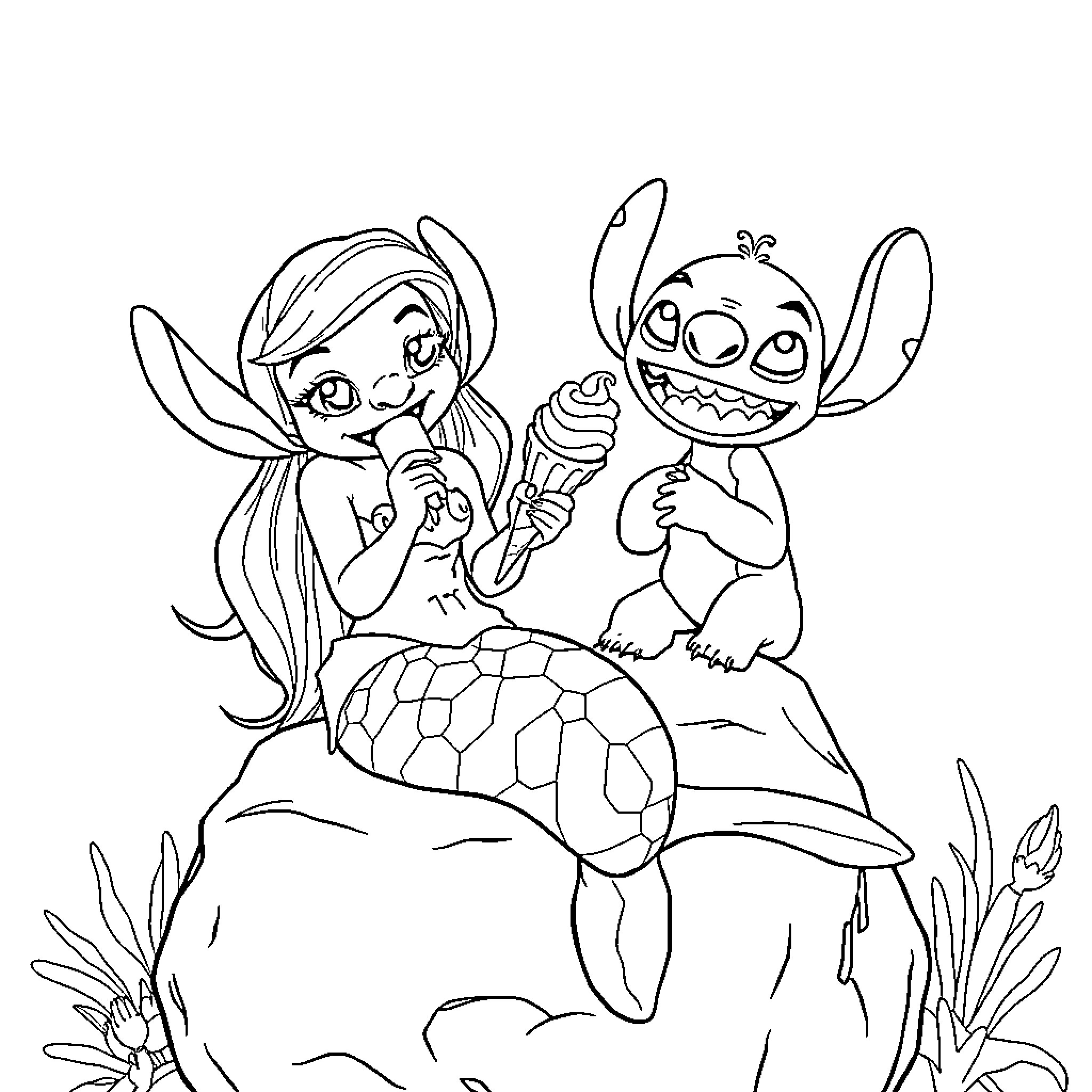 Mermaid and Stitch Sharing an Amusing Moment Coloring Page (free black-and-white line drawing printable PDF for all, from beginners to advanced learners, including children, teens, adults, and seniors)