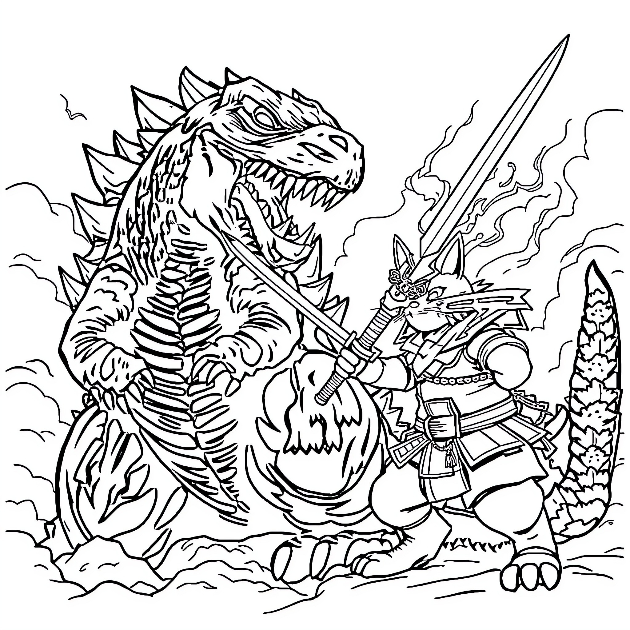 Godzilla unleashing destruction amidst a warrior's attack Coloring Page (free black-and-white line drawing printable PDF for all, from beginners to advanced learners, including children, teens, adults, and seniors)