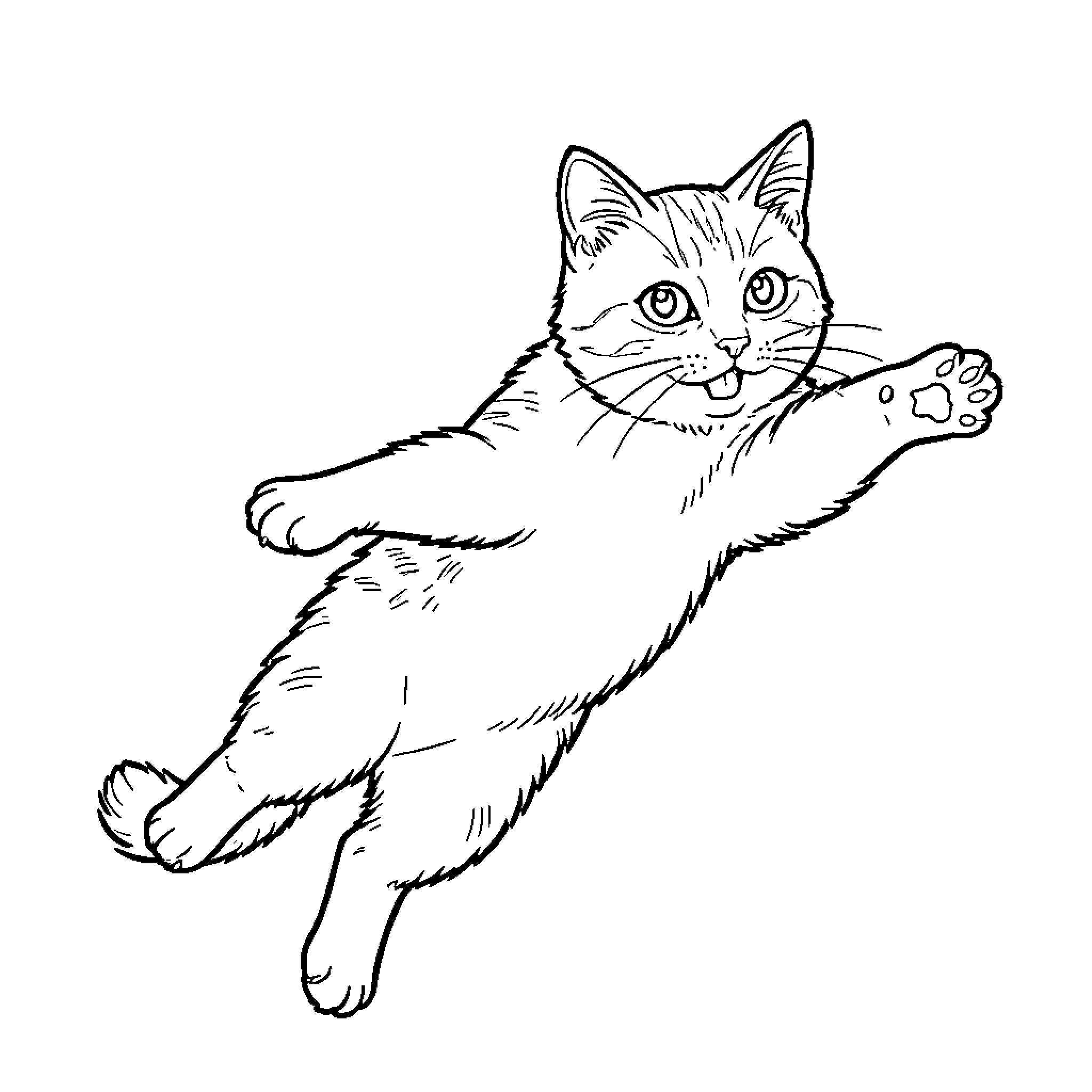Flying Cat floating with a joyful expression Coloring Page (free black-and-white line drawing printable PDF for all, from beginners to advanced learners, including children, teens, adults, and seniors)