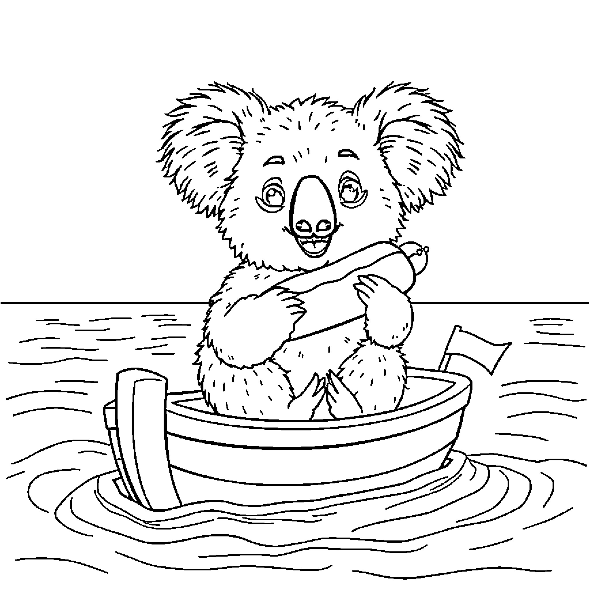 Koala relaxing in a boat on the water Coloring Page (free black-and-white line drawing printable PDF for all, from beginners to advanced learners, including children, teens, adults, and seniors)