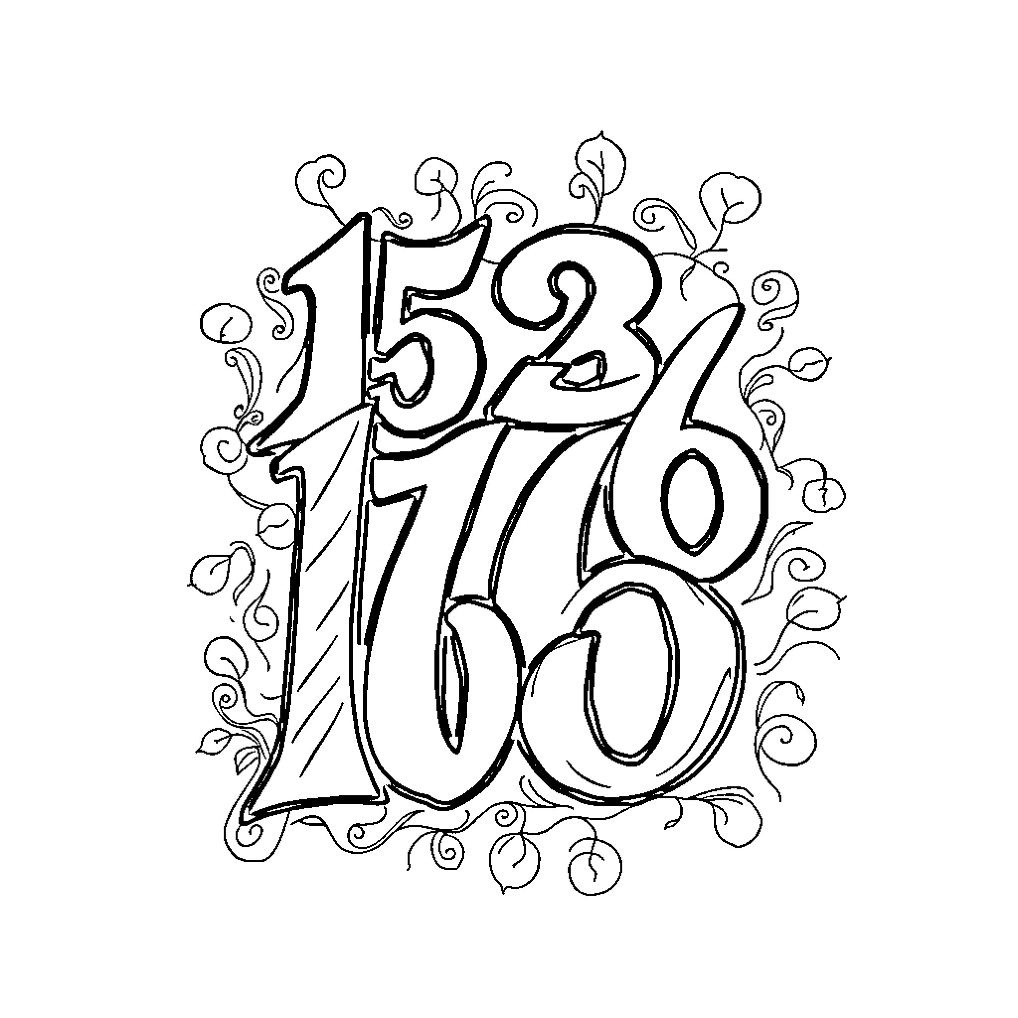 Number Doodle Drawing with Floral Elements Coloring Page (free black-and-white line drawing printable PDF for all, from beginners to advanced learners, including children, teens, adults, and seniors)