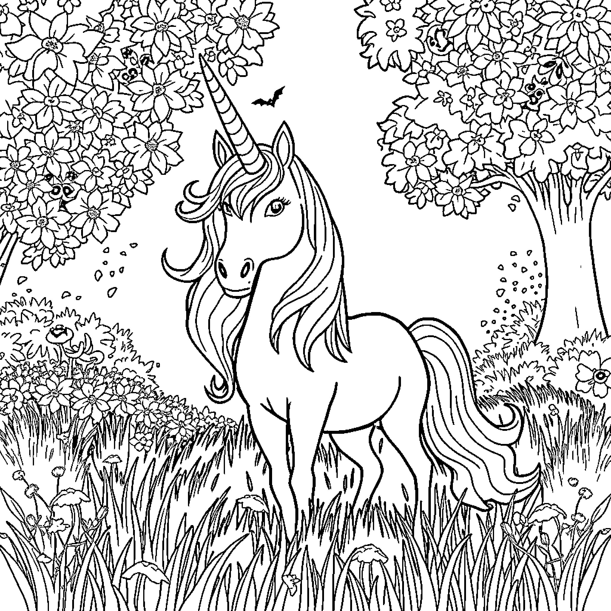 Unicorn in a Magical Floral Garden Coloring Page (free black-and-white line drawing printable PDF for all, from beginners to advanced learners, including children, teens, adults, and seniors)