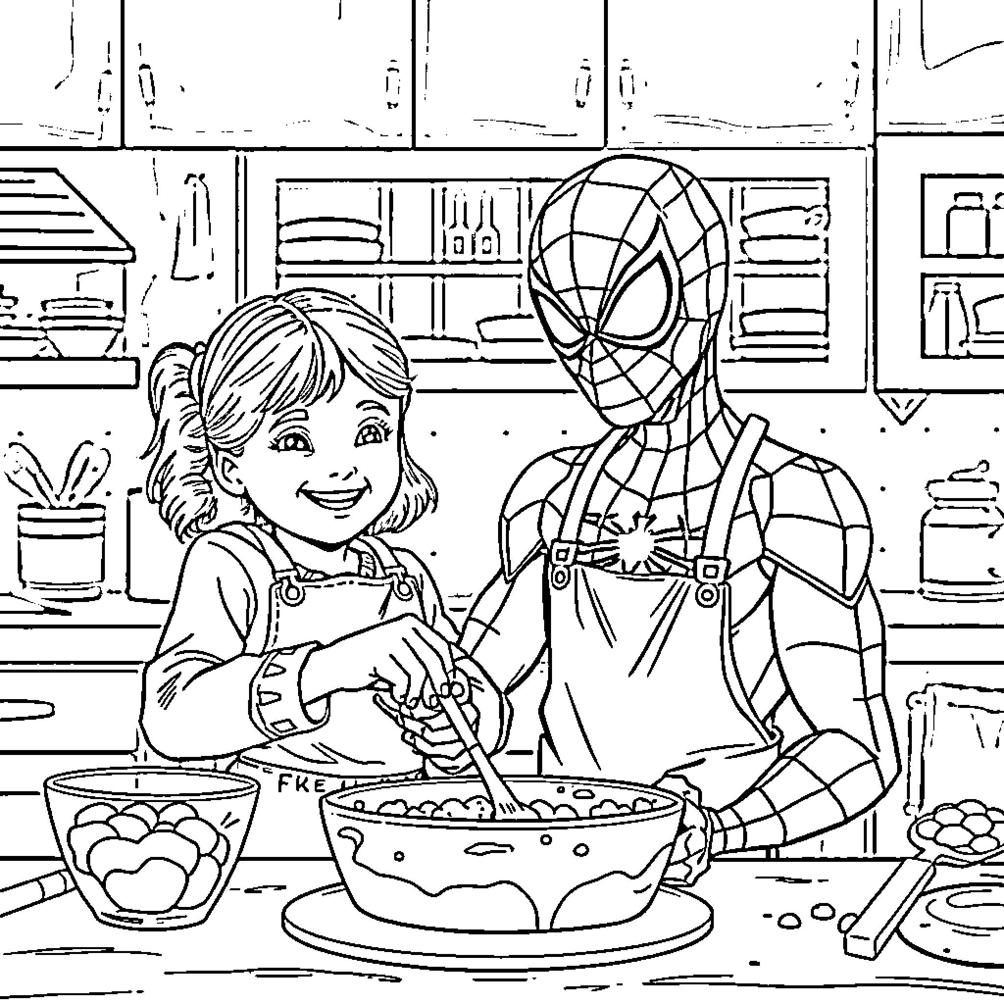 Spiderman helping girl with cooking in the kitchen Coloring Page (free black-and-white line drawing printable PDF for all, from beginners to advanced learners, including children, teens, adults, and seniors)