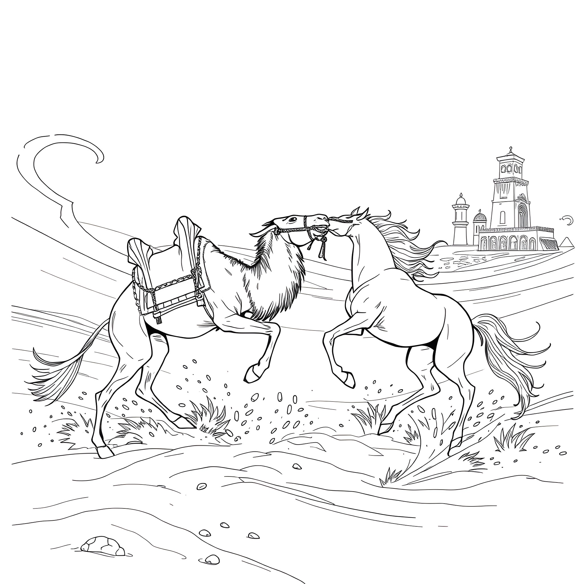 Camel running freely in the desert landscape Coloring Page (free black-and-white line drawing printable PDF for all, from beginners to advanced learners, including children, teens, adults, and seniors)