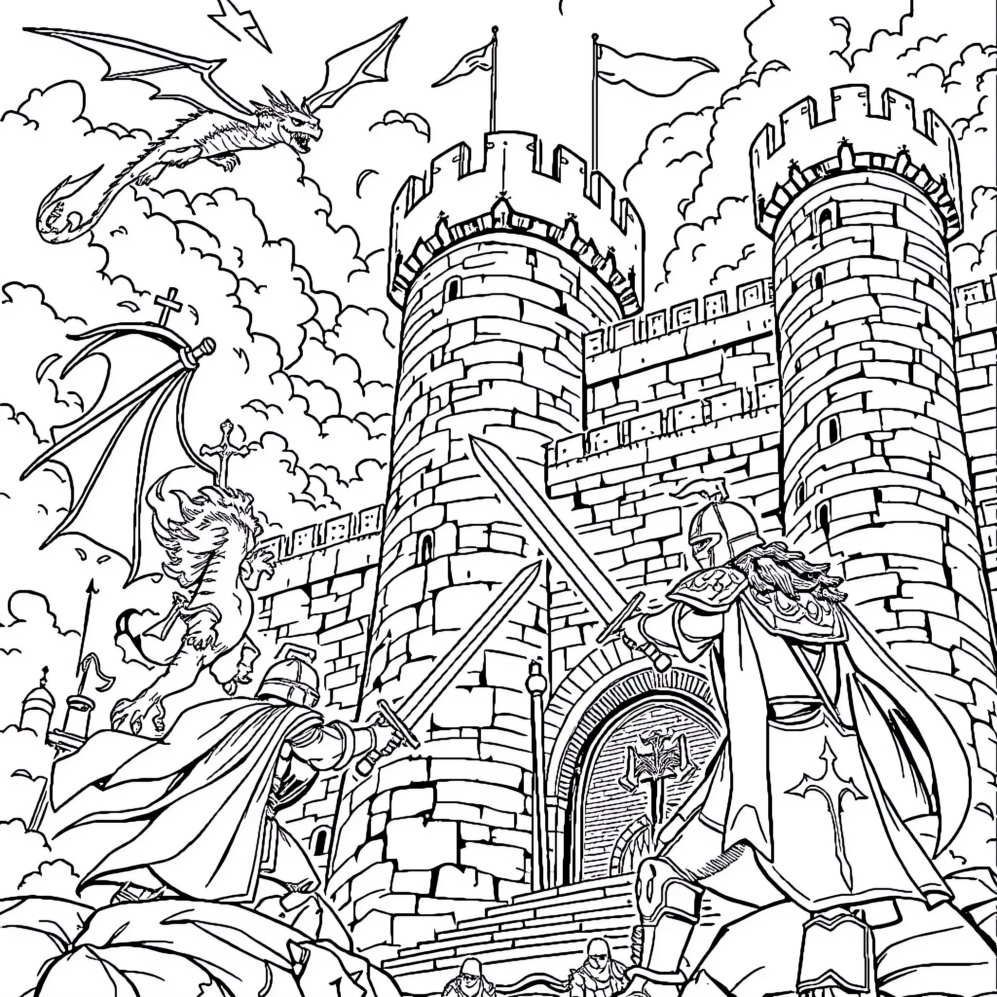 Dragon Attacking a Fortified Castle Coloring Page (free black-and-white line drawing printable PDF for all, from beginners to advanced learners, including children, teens, adults, and seniors)
