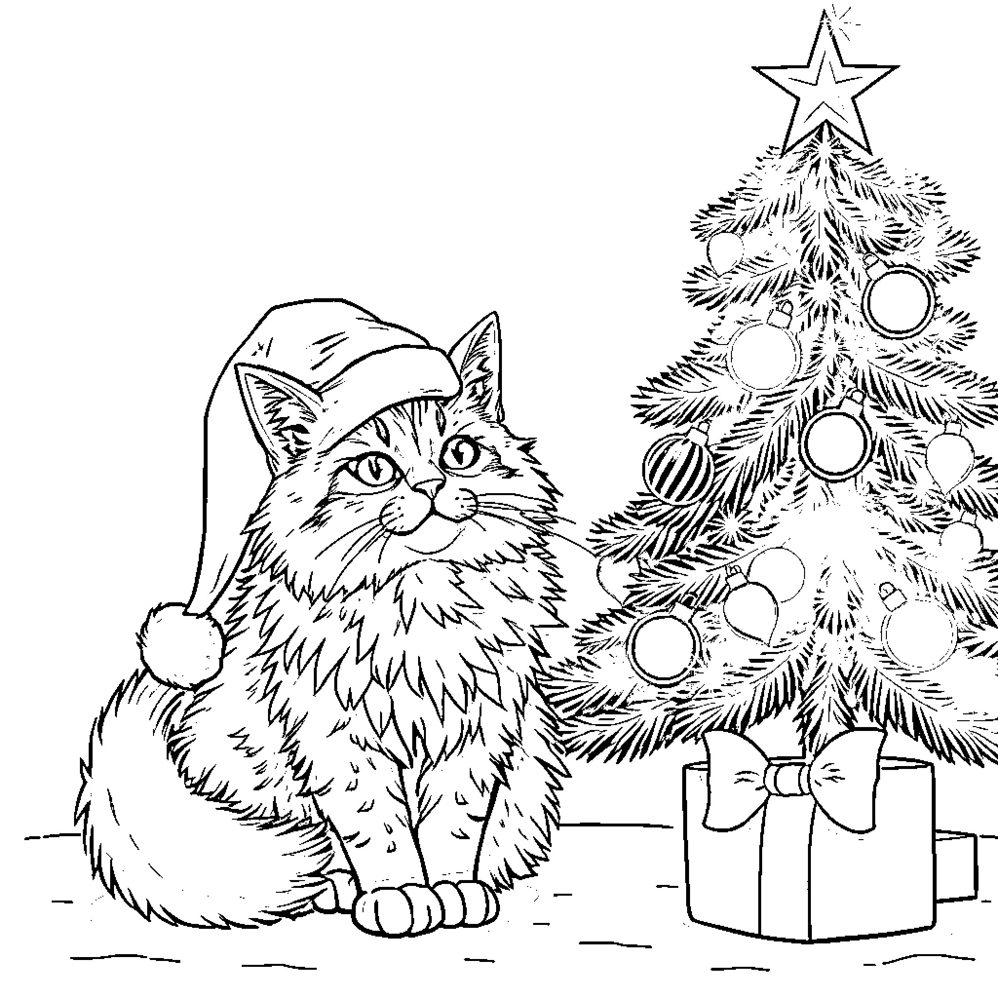 Cat wearing Santa hat by Christmas tree Coloring Page (free black-and-white line drawing printable PDF for all, from beginners to advanced learners, including children, teens, adults, and seniors)