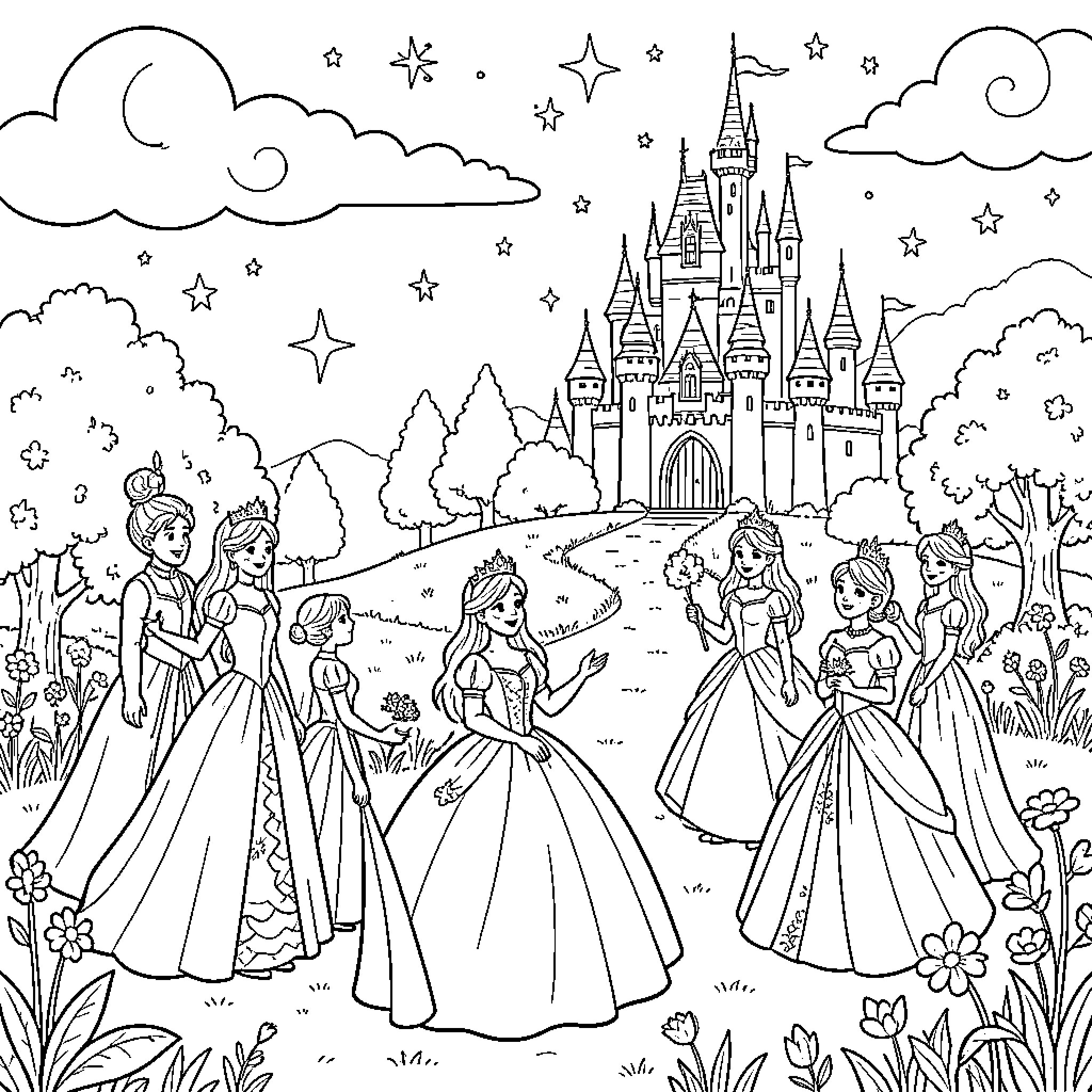 Fairytale princesses enjoying a magical night at the castle Coloring Page (free black-and-white line drawing printable PDF for all, from beginners to advanced learners, including children, teens, adults, and seniors)