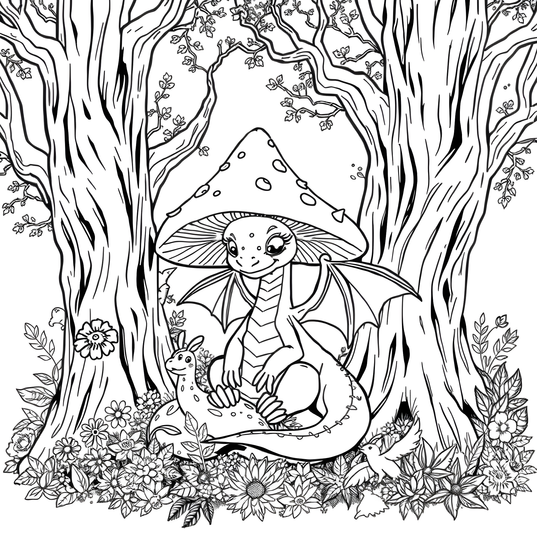 Mushroom Dragon exploring the enchanted forest Coloring Page (free black-and-white line drawing printable PDF for all, from beginners to advanced learners, including children, teens, adults, and seniors)