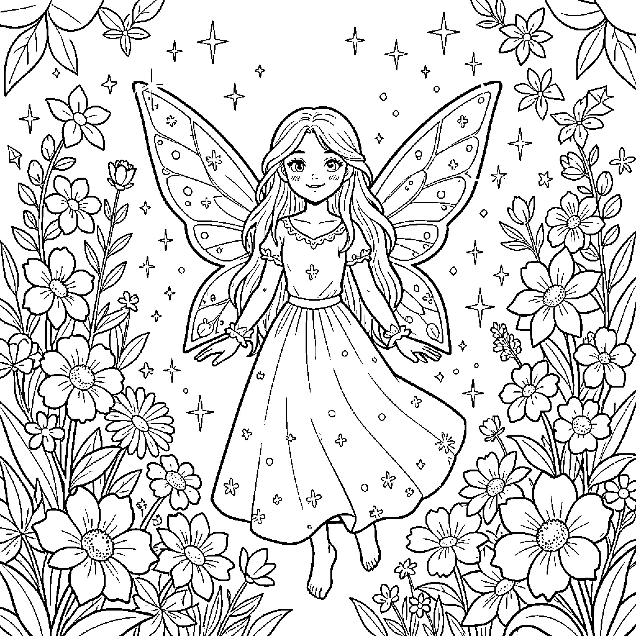 Fairy among the Enchanted Flowers Coloring Page (free black-and-white line drawing printable PDF for all, from beginners to advanced learners, including children, teens, adults, and seniors)