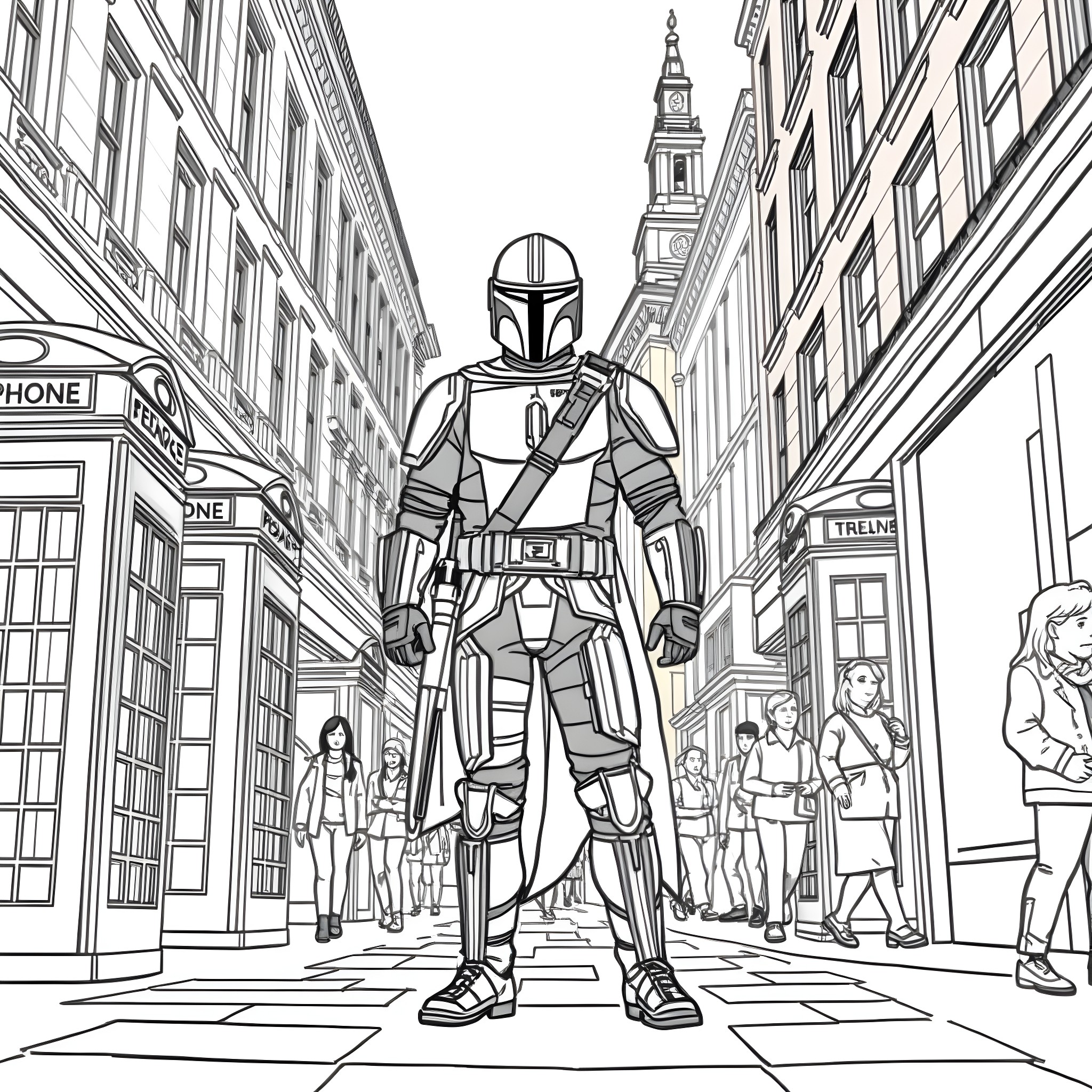 Mandalorian warrior in the city streets Coloring Page (free black-and-white line drawing printable PDF for all, from beginners to advanced learners, including children, teens, adults, and seniors)