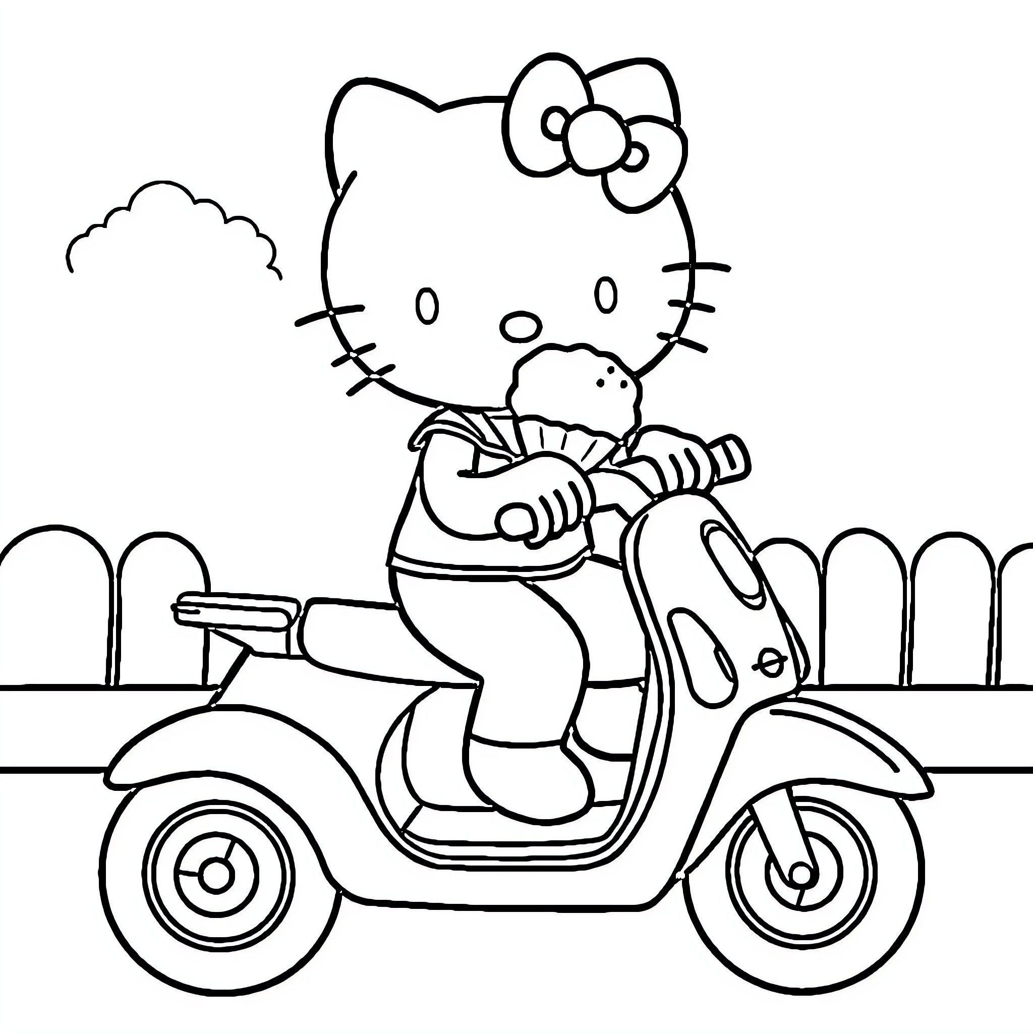 Hello Kitty rides a scooter happily Coloring Page (free black-and-white line drawing printable PDF for all, from beginners to advanced learners, including children, teens, adults, and seniors)