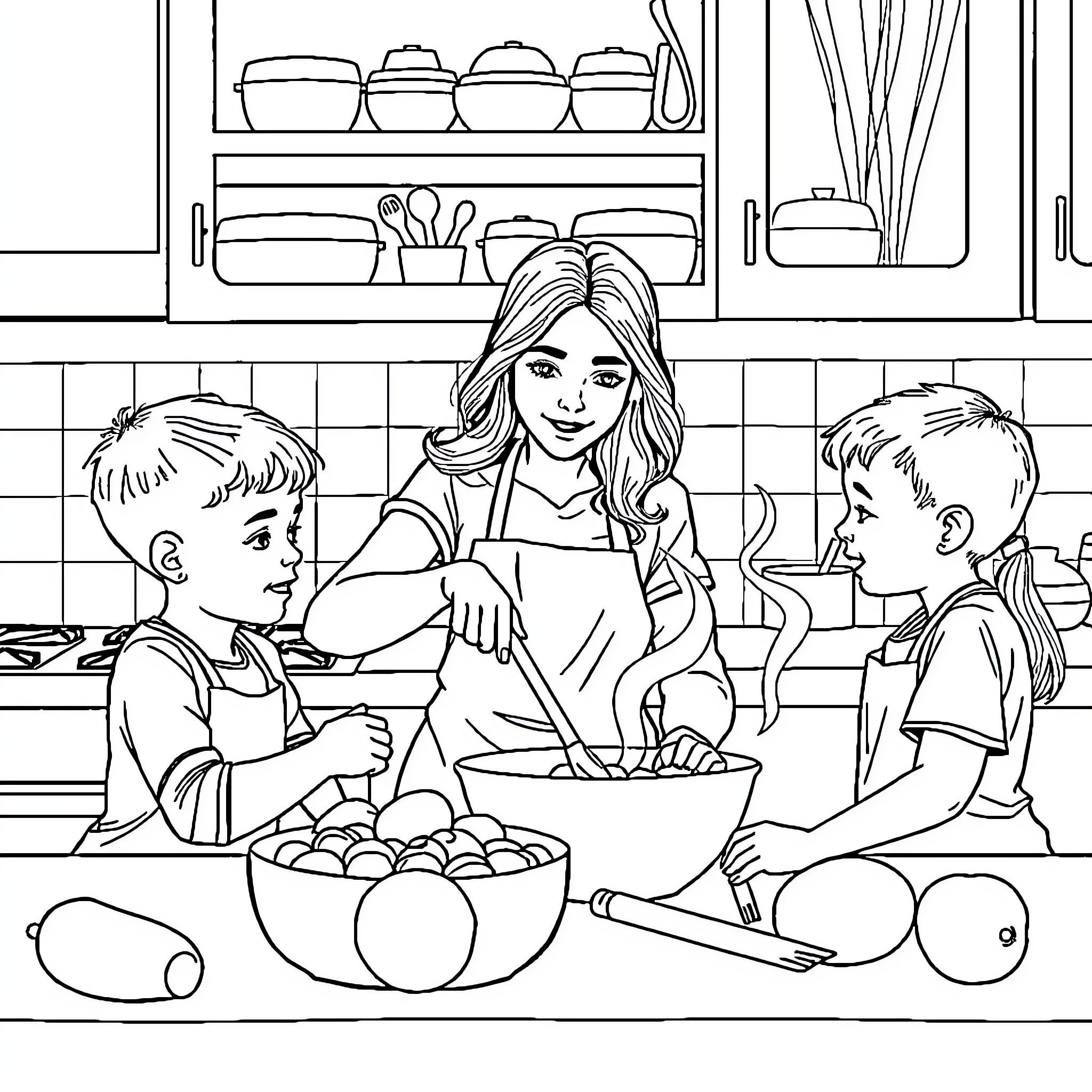 Mujer cocinando con niños en la cocina Coloring Page (free black-and-white line drawing printable PDF for all, from beginners to advanced learners, including children, teens, adults, and seniors)