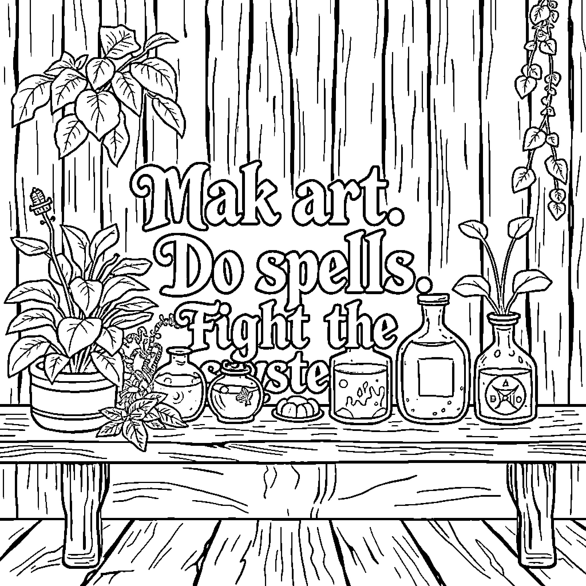Text about making art, casting spells, and fighting the system Coloring Page (free black-and-white line drawing printable PDF for all, from beginners to advanced learners, including children, teens, adults, and seniors)