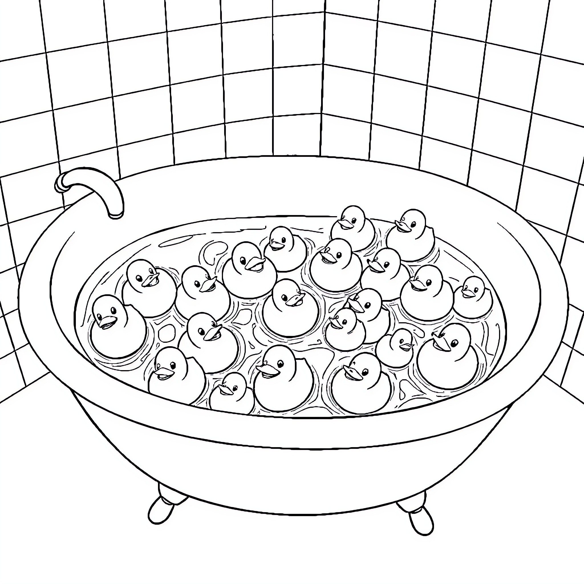 Rubber Duck Bath Time Fun Coloring Page (free black-and-white line drawing printable PDF for all, from beginners to advanced learners, including children, teens, adults, and seniors)