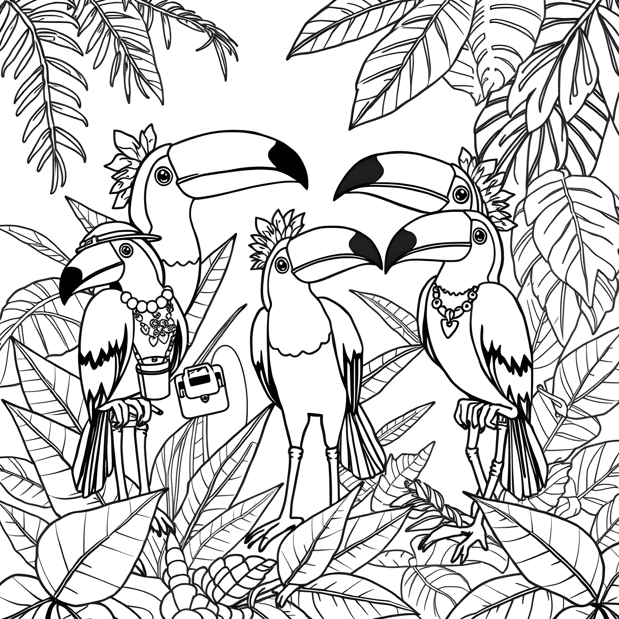Bocca with Tropical Toucans in Nature Coloring Page (free black-and-white line drawing printable PDF for all, from beginners to advanced learners, including children, teens, adults, and seniors)