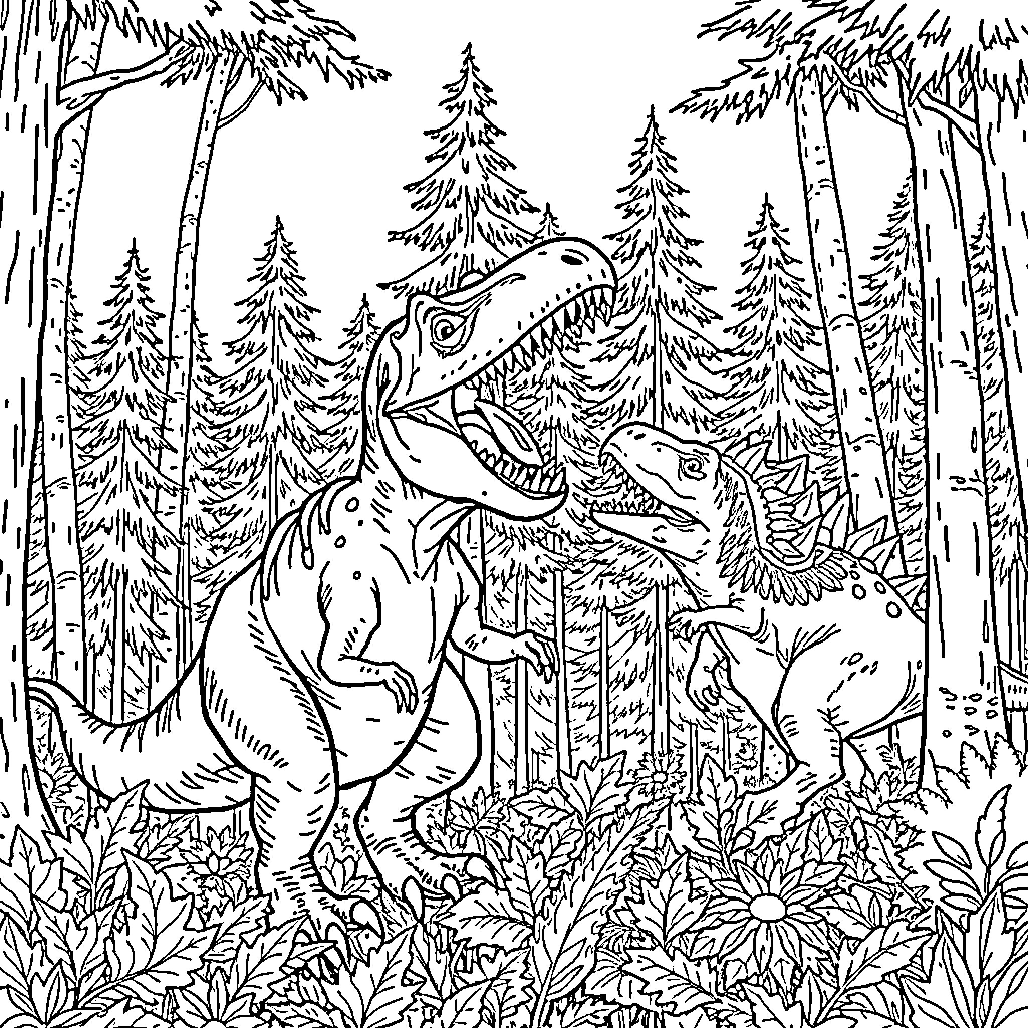 T-Rex Family Exploring the Prehistoric Forest Coloring Page (free black-and-white line drawing printable PDF for all, from beginners to advanced learners, including children, teens, adults, and seniors)