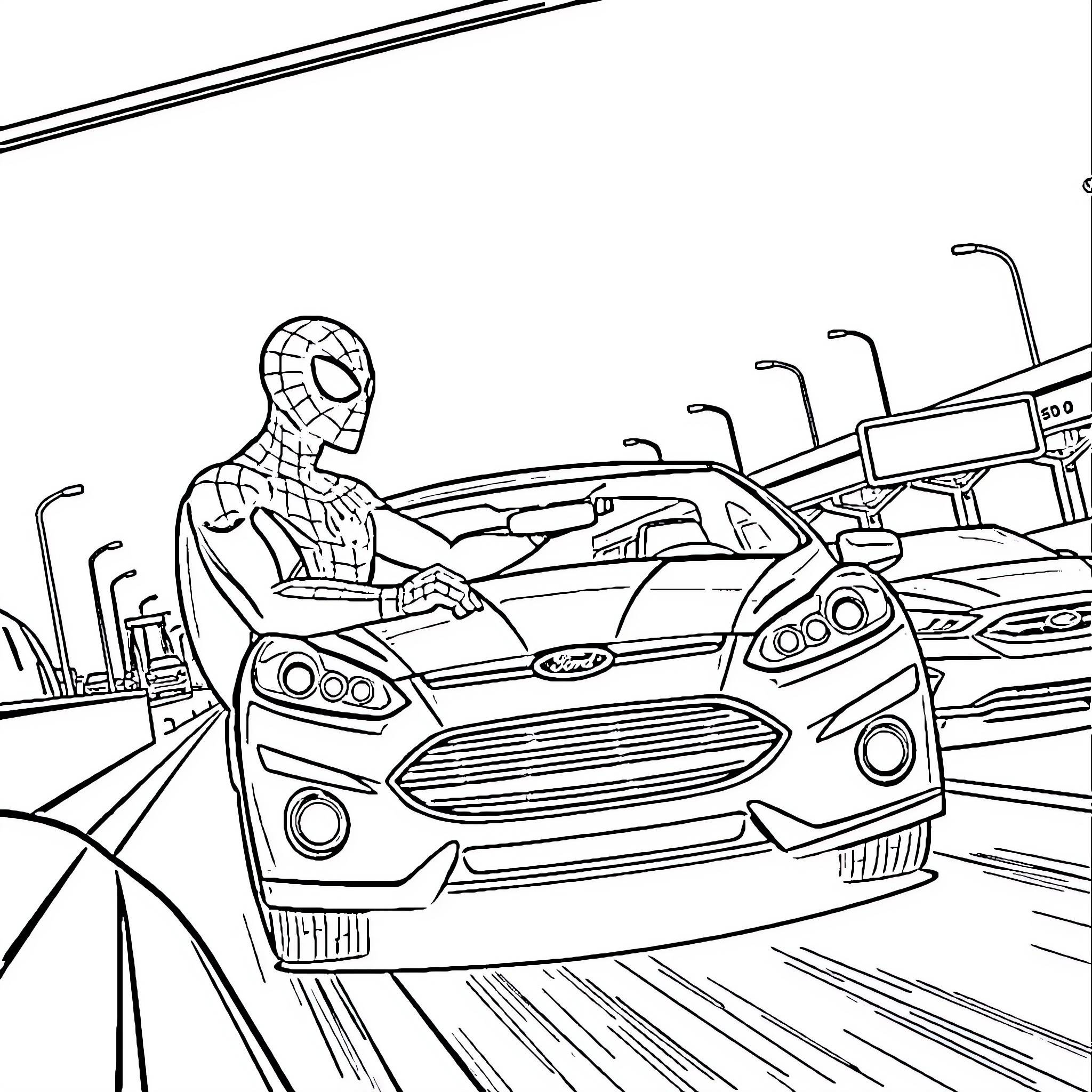 Spiderman races through the city in a sleek sports car Coloring Page (free black-and-white line drawing printable PDF for all, from beginners to advanced learners, including children, teens, adults, and seniors)