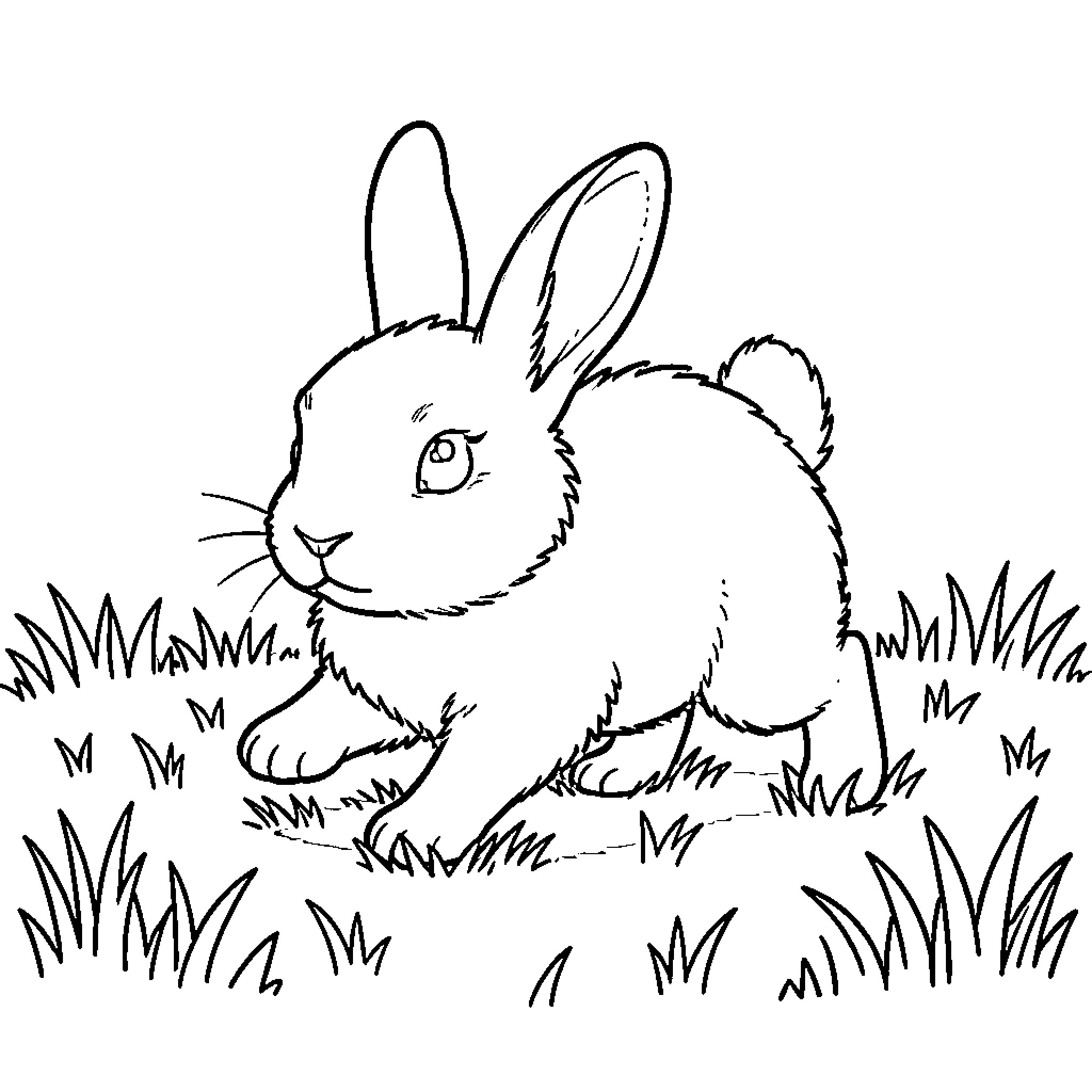 Bunny hopping happily in the grassy field Coloring Page (free black-and-white line drawing printable PDF for all, from beginners to advanced learners, including children, teens, adults, and seniors)