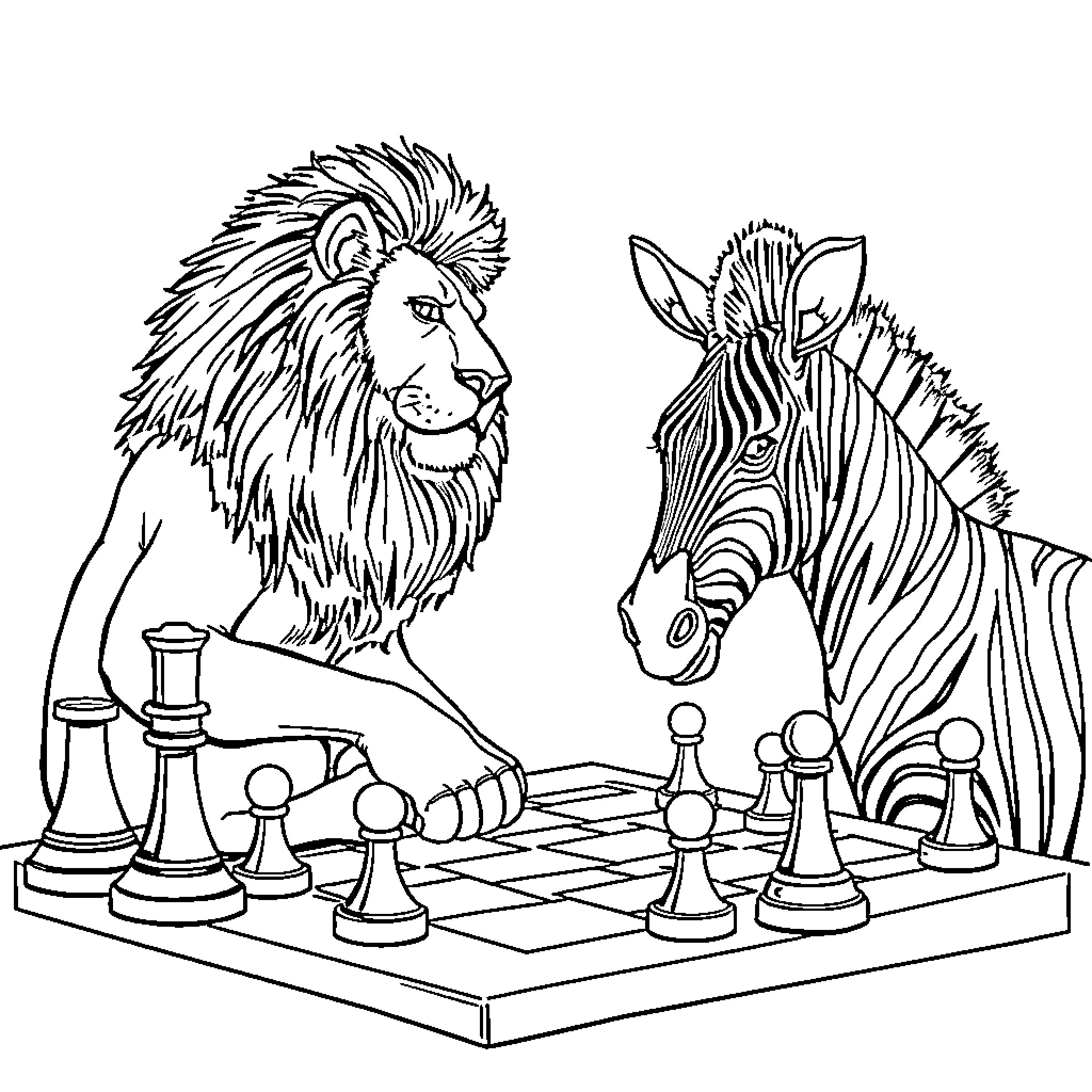 Lion playing chess with a zebra Coloring Page (free black-and-white line drawing printable PDF for all, from beginners to advanced learners, including children, teens, adults, and seniors)