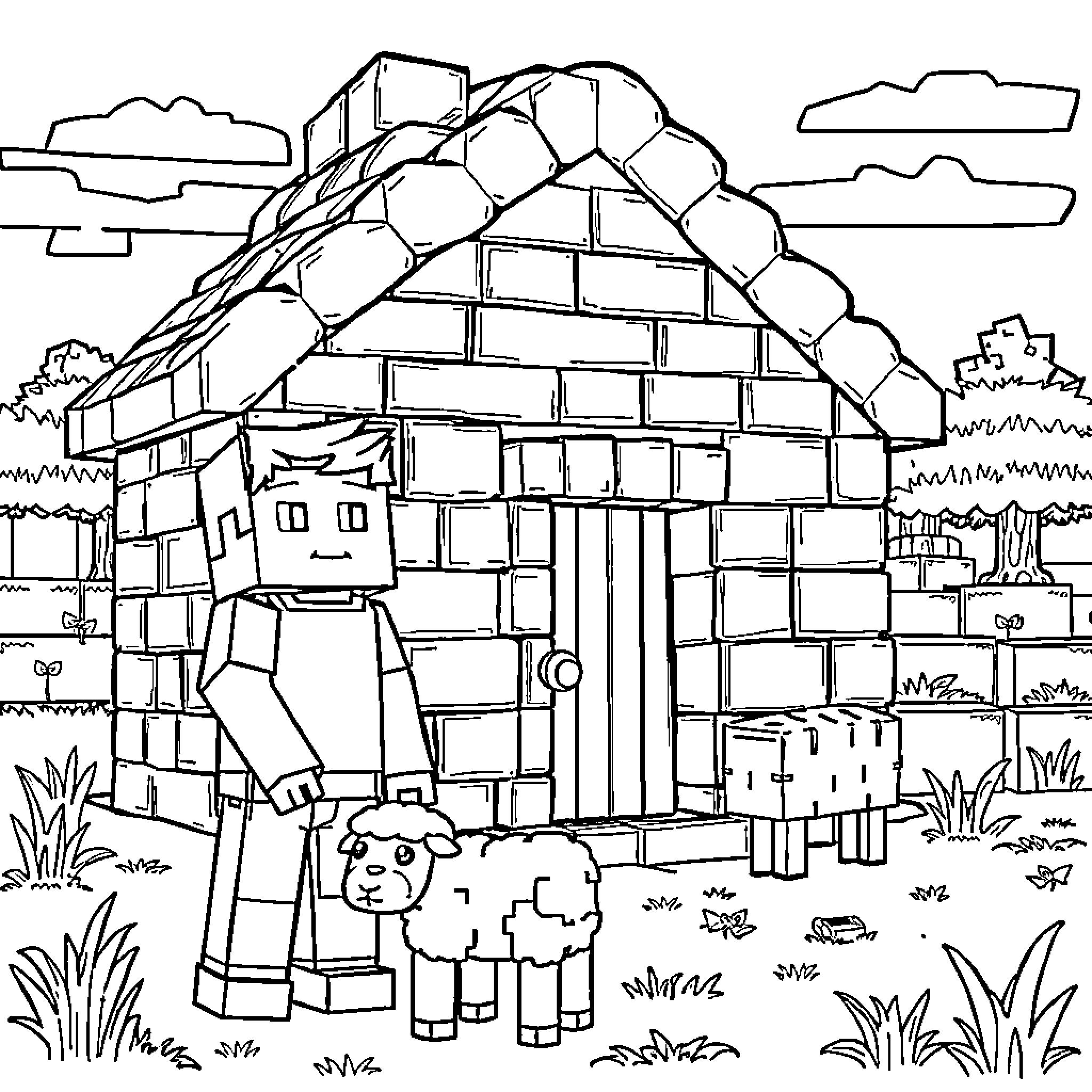 Minecraft character exploring a blocky cottage landscape Coloring Page (free black-and-white line drawing printable PDF for all, from beginners to advanced learners, including children, teens, adults, and seniors)