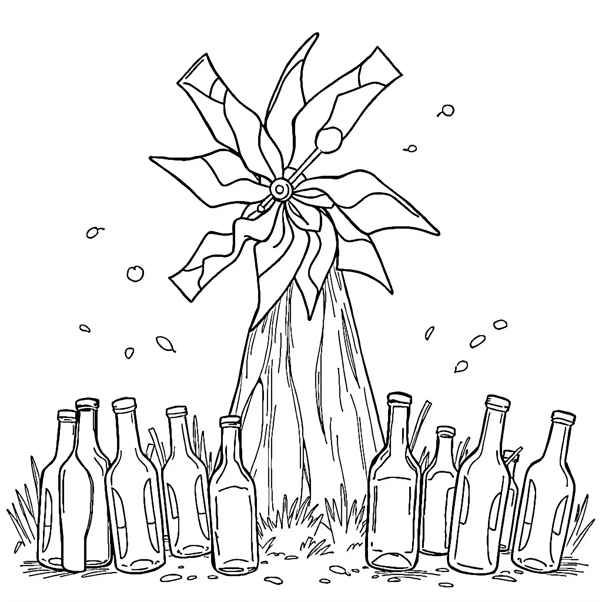 Windmill with glass bottles in the grass Coloring Page (free black-and-white line drawing printable PDF for all, from beginners to advanced learners, including children, teens, adults, and seniors)