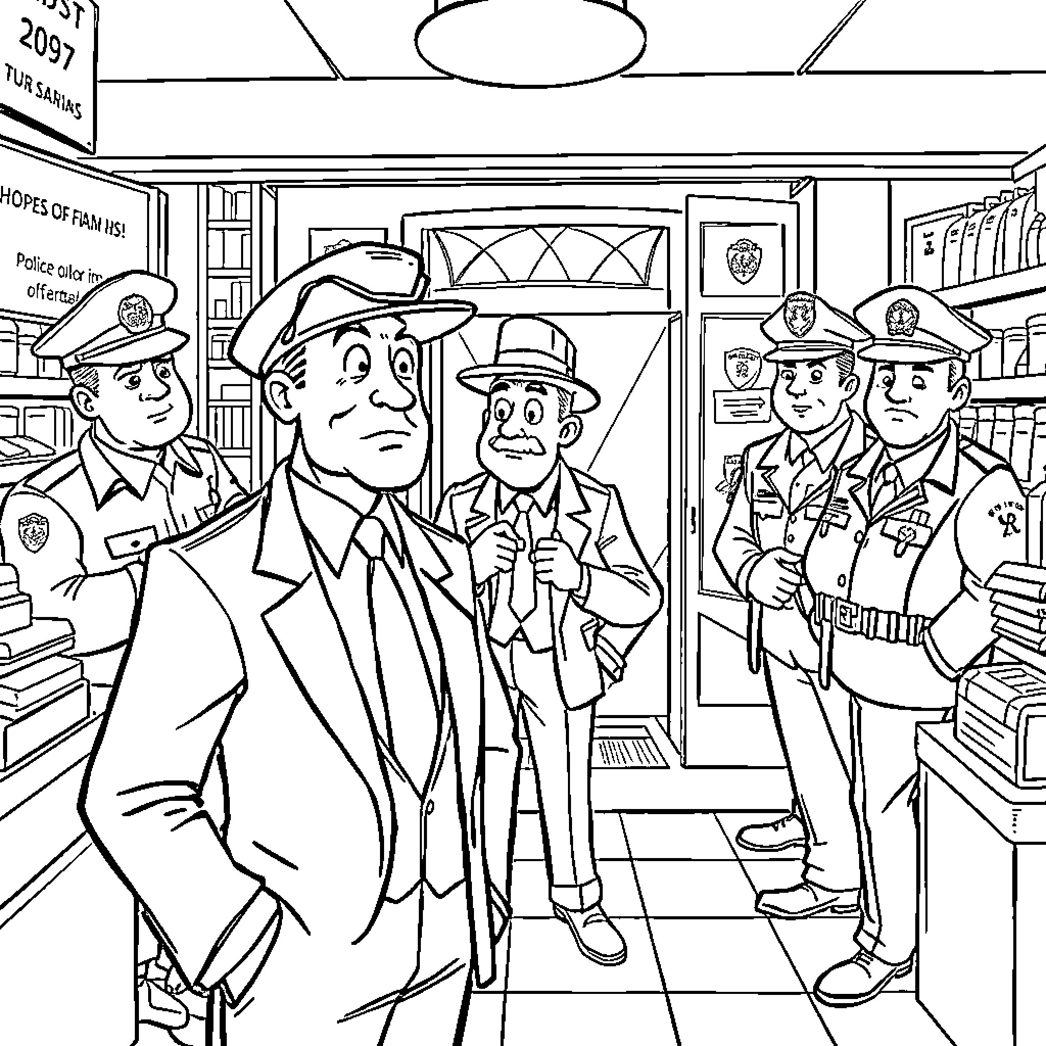Dapper Dan's Dramatic Police Encounter in the Precinct Coloring Page (free black-and-white line drawing printable PDF for all, from beginners to advanced learners, including children, teens, adults, and seniors)