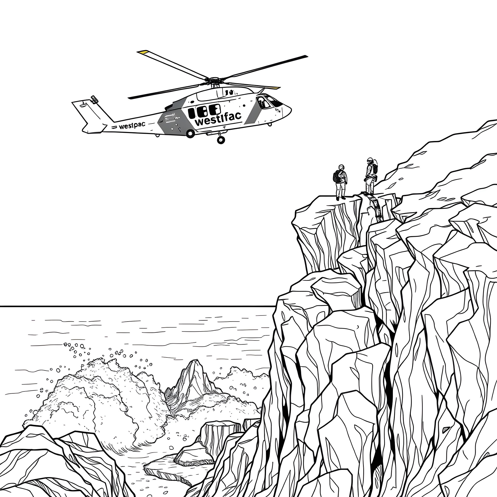 Helicopter Search and Rescue Mission in Rugged Terrain Coloring Page (free black-and-white line drawing printable PDF for all, from beginners to advanced learners, including children, teens, adults, and seniors)